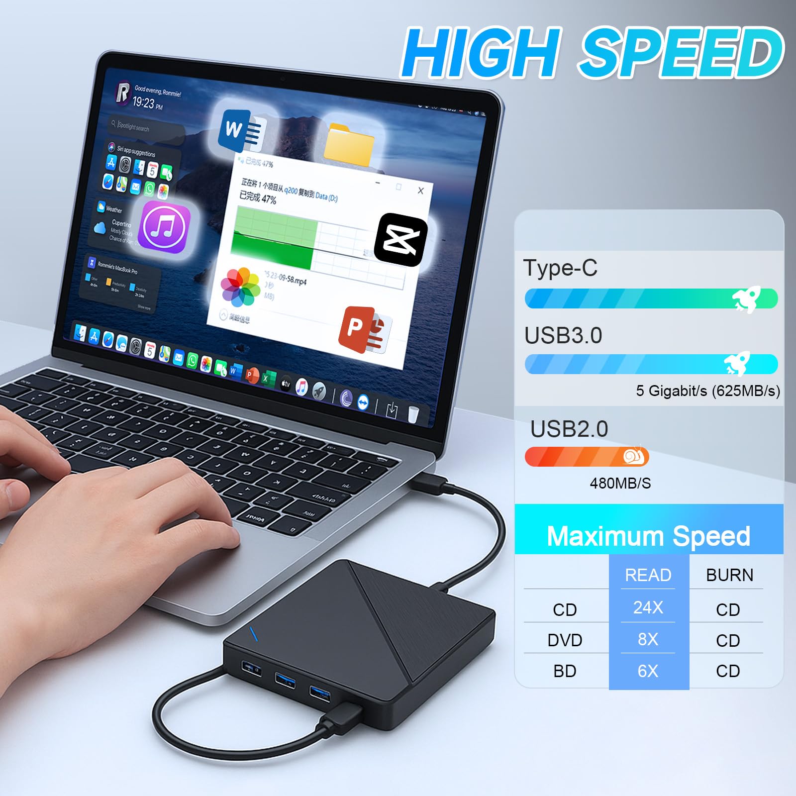 Lecteur Blu-ray externe 7 en 1 USB 3.0 Type-C, compatible avec lecteur Blu-ray externe BD DVD CD 100 Go, lecteur Bluray ultra fin avec port TF/SD, compatible avec Windows XP/7/8/10/11 Mac