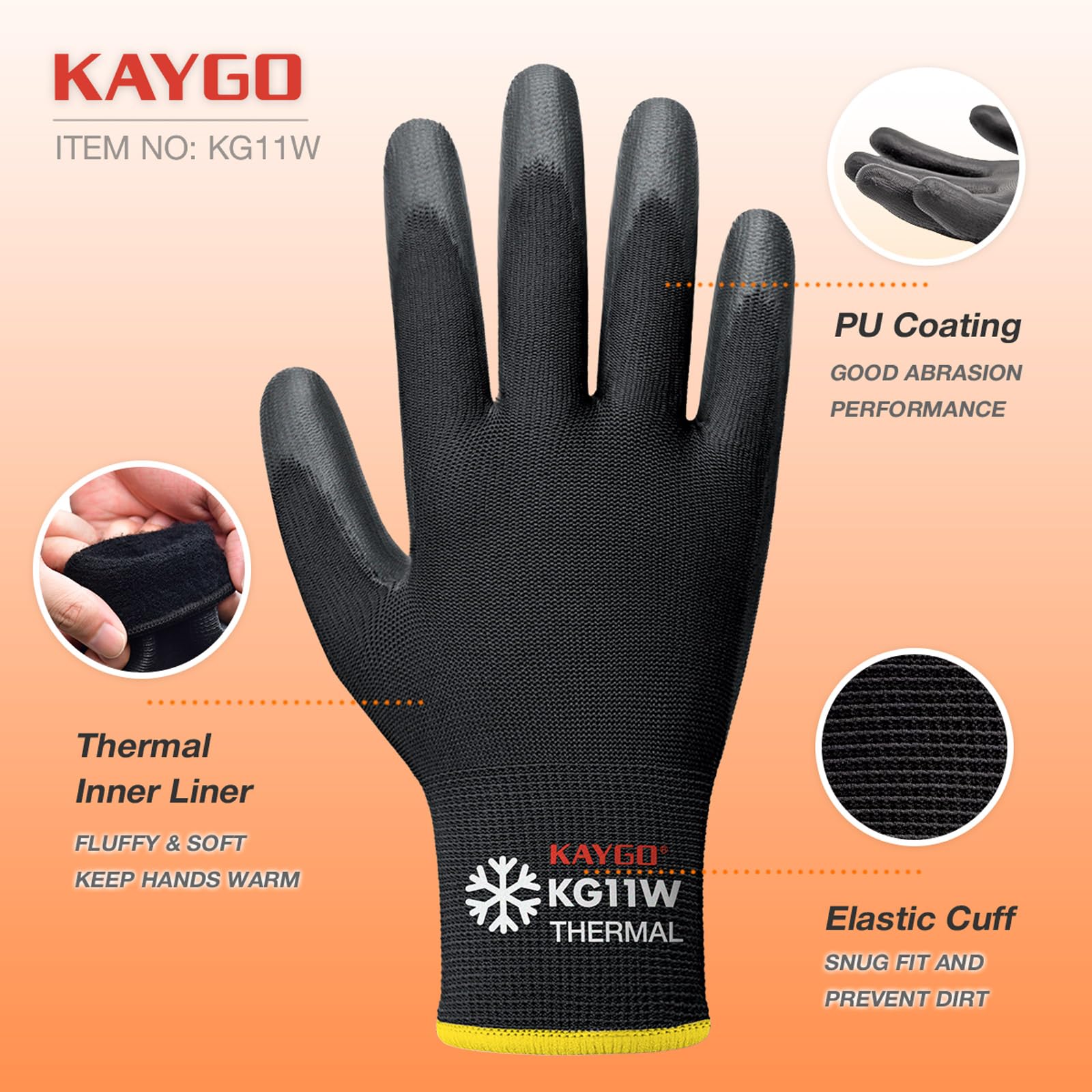 KAYGO Work Gloves PU Coated-12 works, Thermal Fleece Liner, Good Grip, KG11W - Image 2