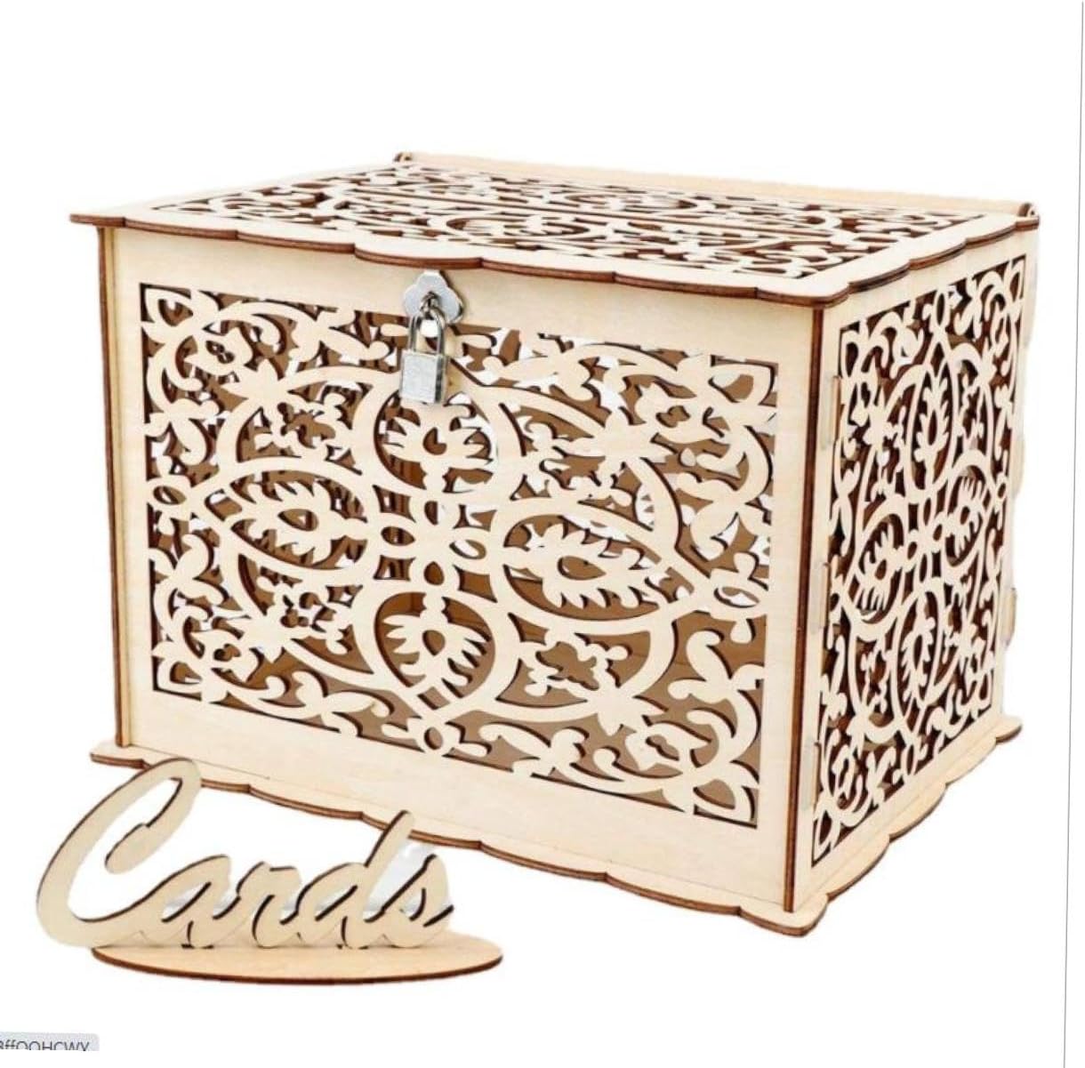 Wood Wedding Card Box Large Rustic Hollow Wooden Envelope Money Box for Party Reception and Wedding Decoration