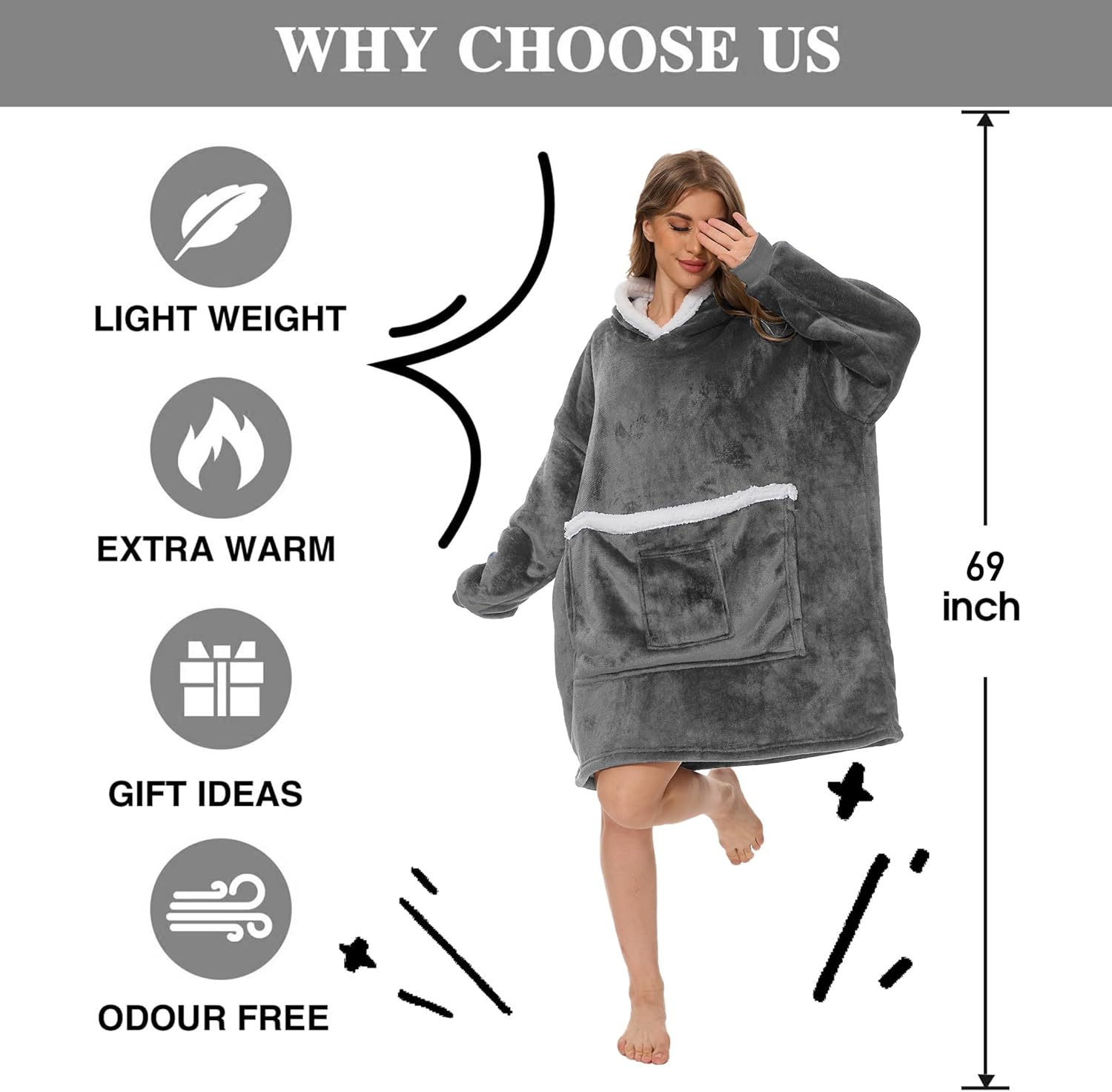 Wearable Blanket Hoodie with Giant Pocket, Soft Warm Sherpa Fleece Oversized Blanket Sweatshirt Gifts for Women Men - Image 3