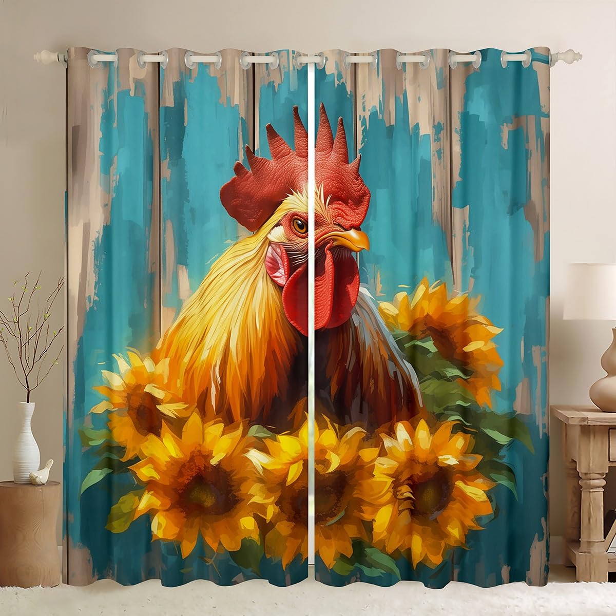 Homemissing Cock Window Drapes Treatments Rooster Farm Curtains for Kids Boys Girls Chicken Butterfly Sunflower Window Drapes Wooden Board Western Farmhouse Window Treatments, W52*L90,2 Panels