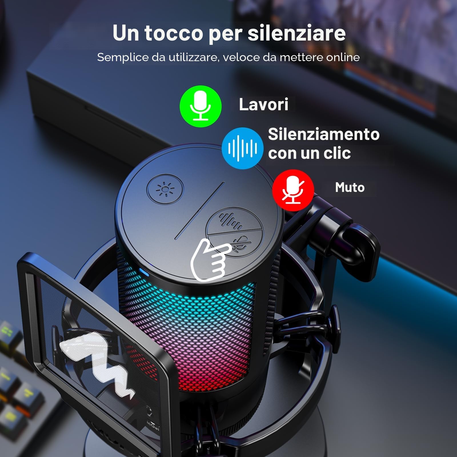 MAONO Microfono Gaming RGB, Microfono a Condensatore con Cancellazione del Rumore per Streaming Podcast Studio, Microfono USB per PS5/PS4/Mac - Luce RGB, Disattivazione One-Touch, Controllo Guadagno