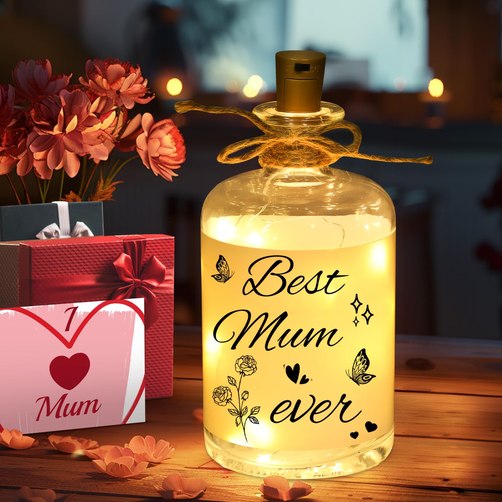 Linkax Christmas Gifts for Mum Nan, Birthday Gifts from Son Daughter Kids, LED Bottle Decorative Light with Saying Best Mum Ever for Mom Nan Nanny Nana Mummy