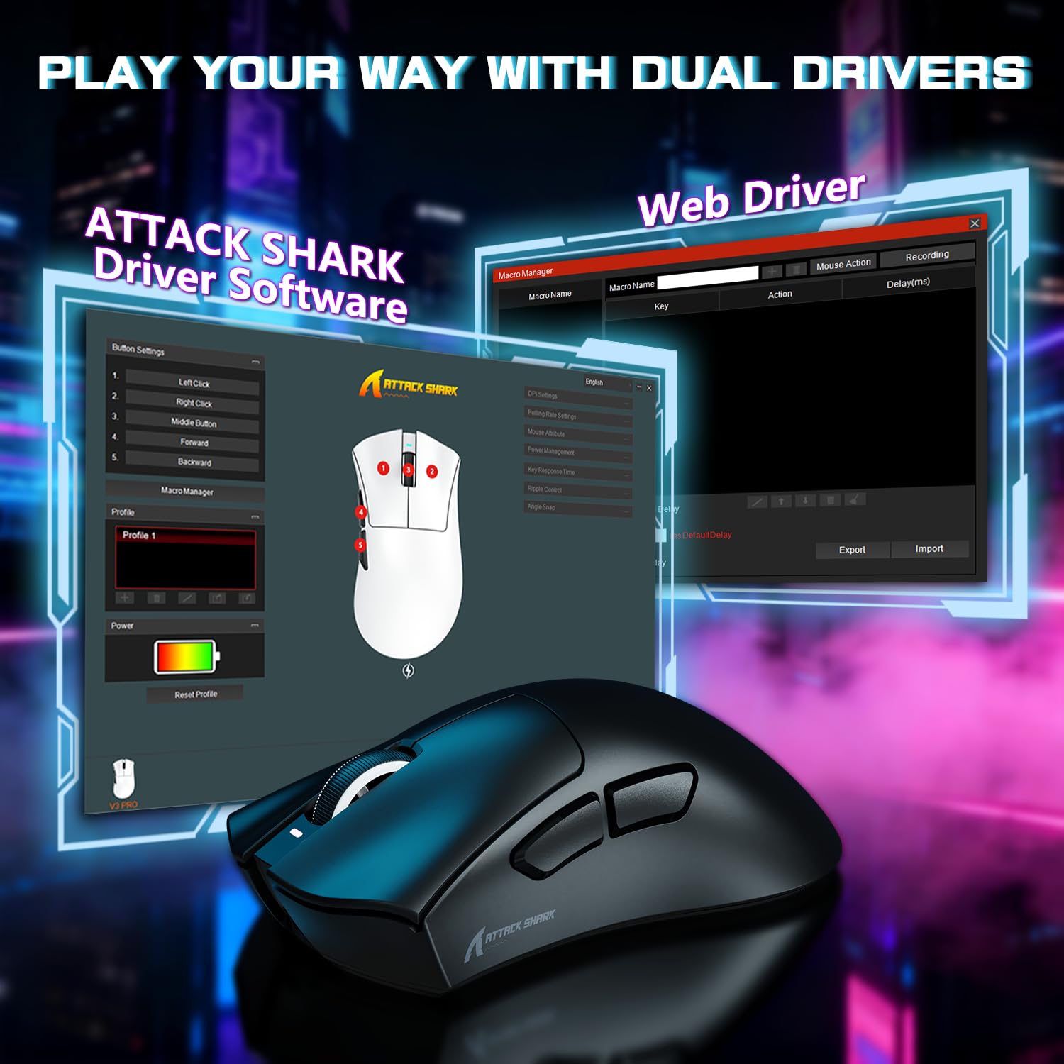ATTACK SHARK V3PRO Mouse Gaming Senza Fili Con Dock Ricarica Magnetico, PixArt PAW3311, Fino A 25000 DPI, BT/2.4GHz/Filiato, 100M Clic, 500mAh, 65g Ultra-Leggero Per Win11/Xbox/PS/Mac - Nero