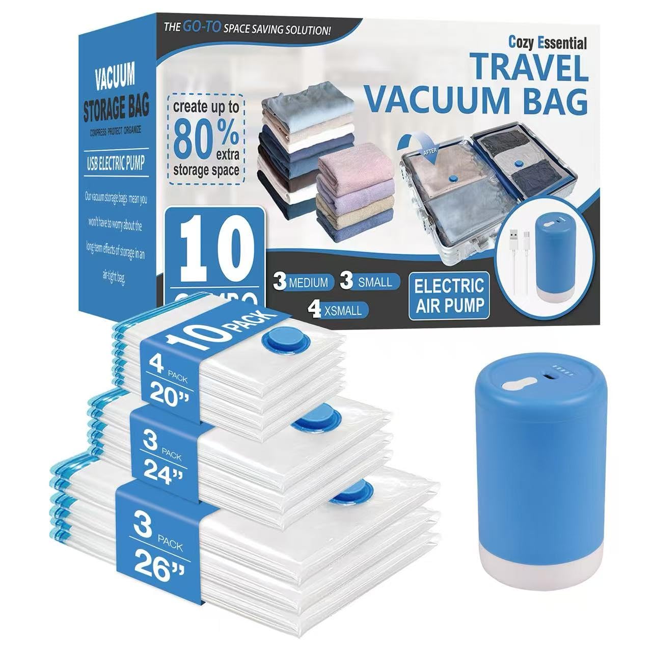 10 Pack Travel Vacuum Storage Bags with Rechargeable Wireless Electric Pump for Luggage, Suitcase, Carry-on Size Vacuum Seal Compression Space Saver Bags for Clothes and Clothing Travel