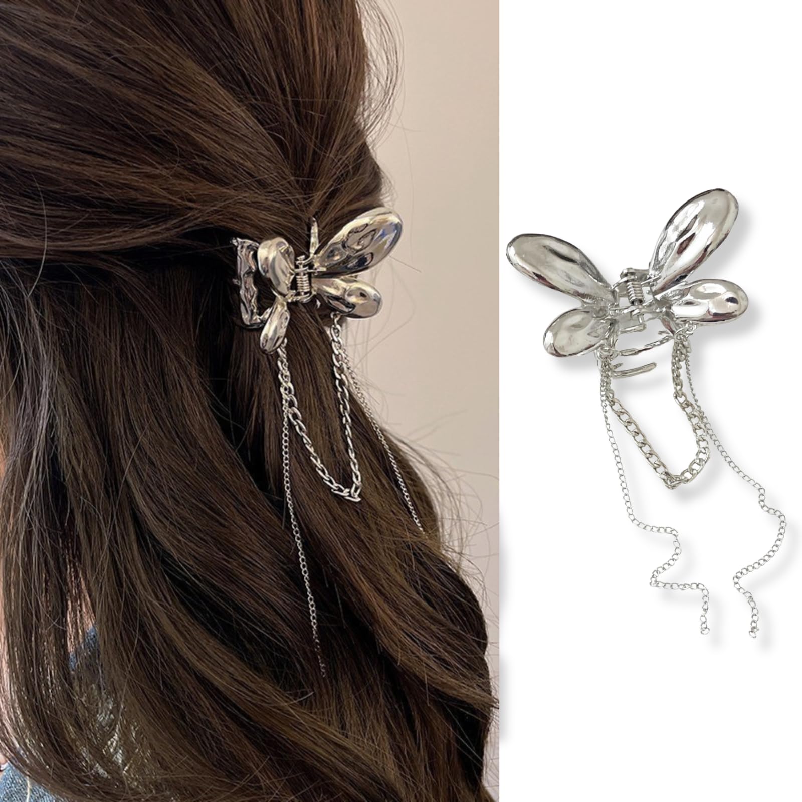Silver Metal Tassel Hair Clips for Women - Cute Goth Claw Clips with French Barrette Design for Thin Hair