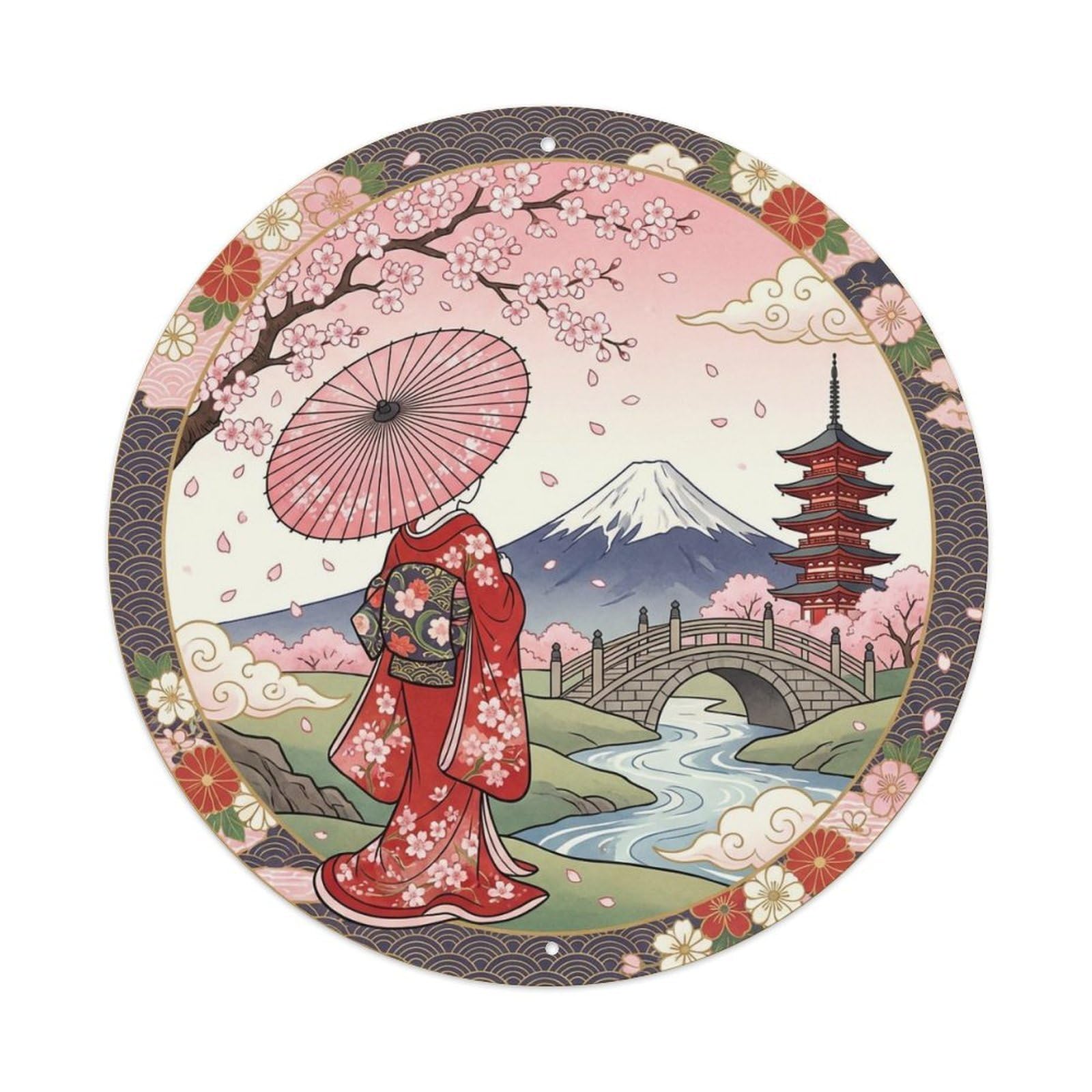 Japanese Geisha Cherry Blossom Fuji View Spring Ornament Metal Tin Sign