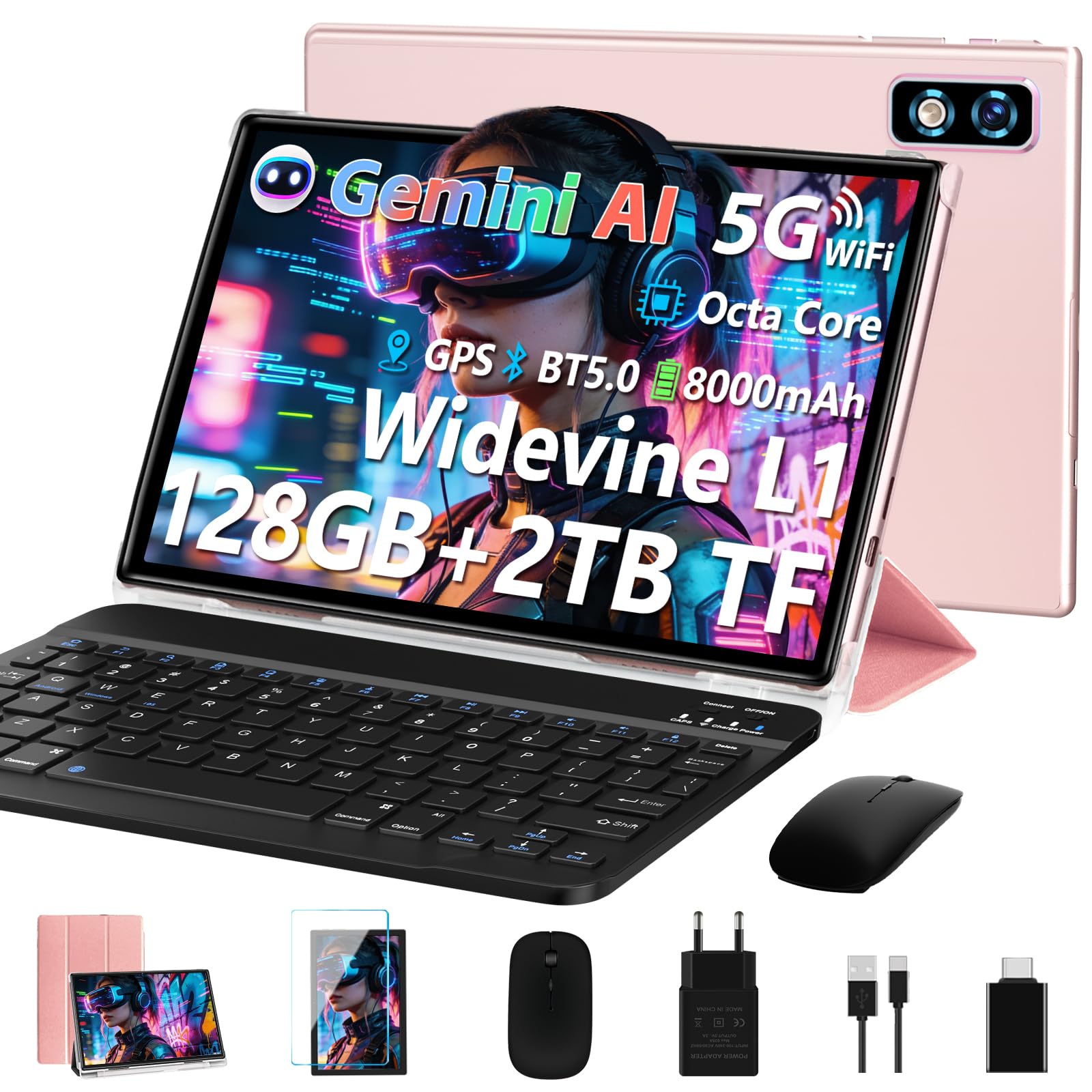 Último Tablet Gemini AI Android, Tablet 10 Pulgadas, 22GB+128GB/TF 1TB, Octa-Core 2.0GHz, 5G WiFi, Bluetooth5.0, 8000mAh Batería, 8MP+5MP, Widevine L1, GPS, Tablet con Funda, Teclado y Ratón – Dorado