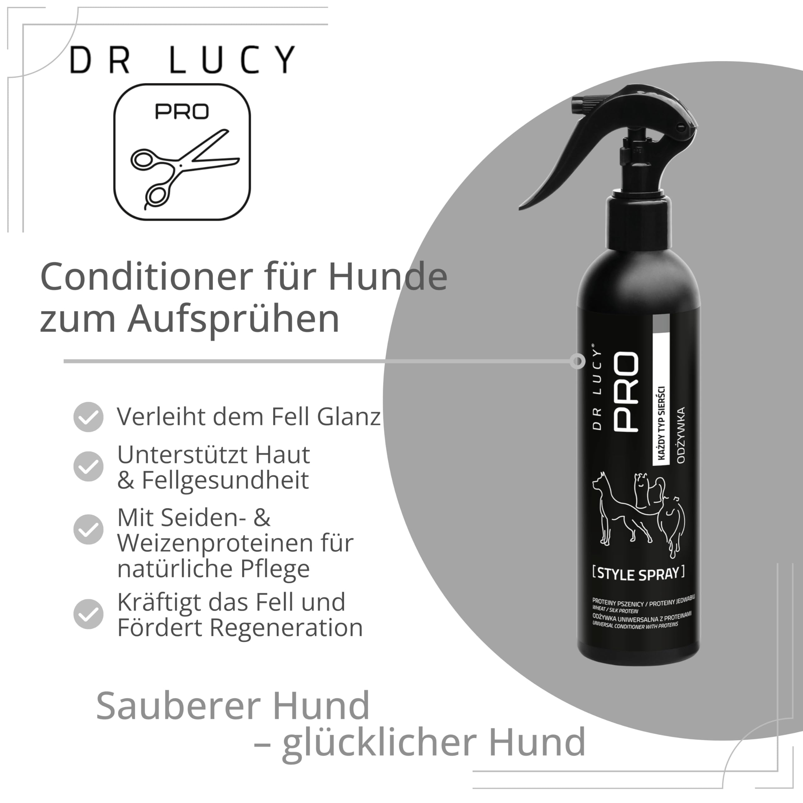 DR Lucy Pro Style Spray 250 ML Spray démêlant - Concentré | Spray démêlant pour chien avec protéines de soie et de blé, idéal pour le soin du pelage sans rinçage