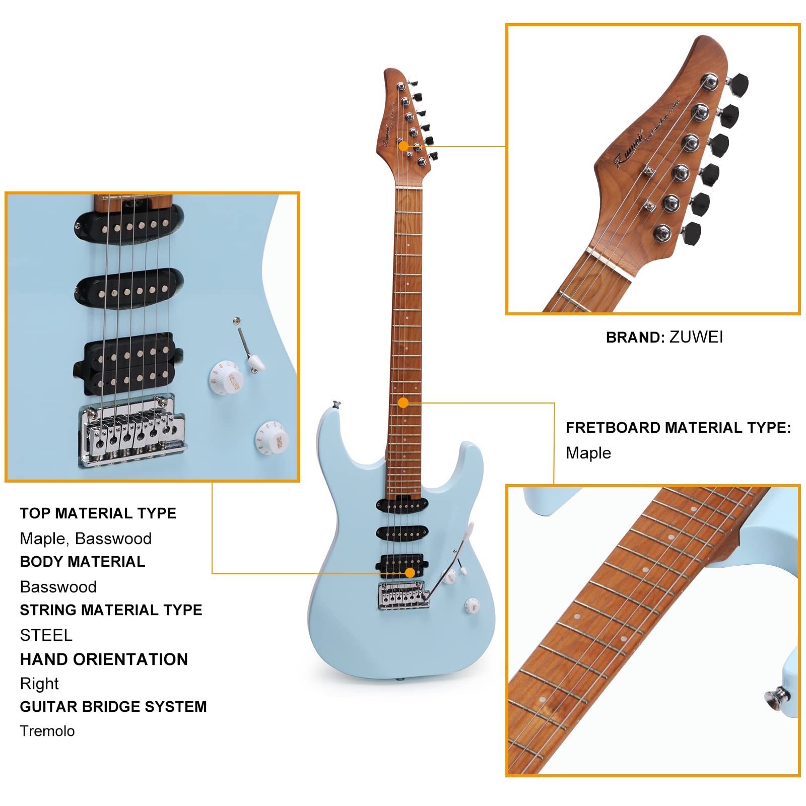 ZUWEI Electric Guitar Reverse Headstock SolidBody Electric Guitar with