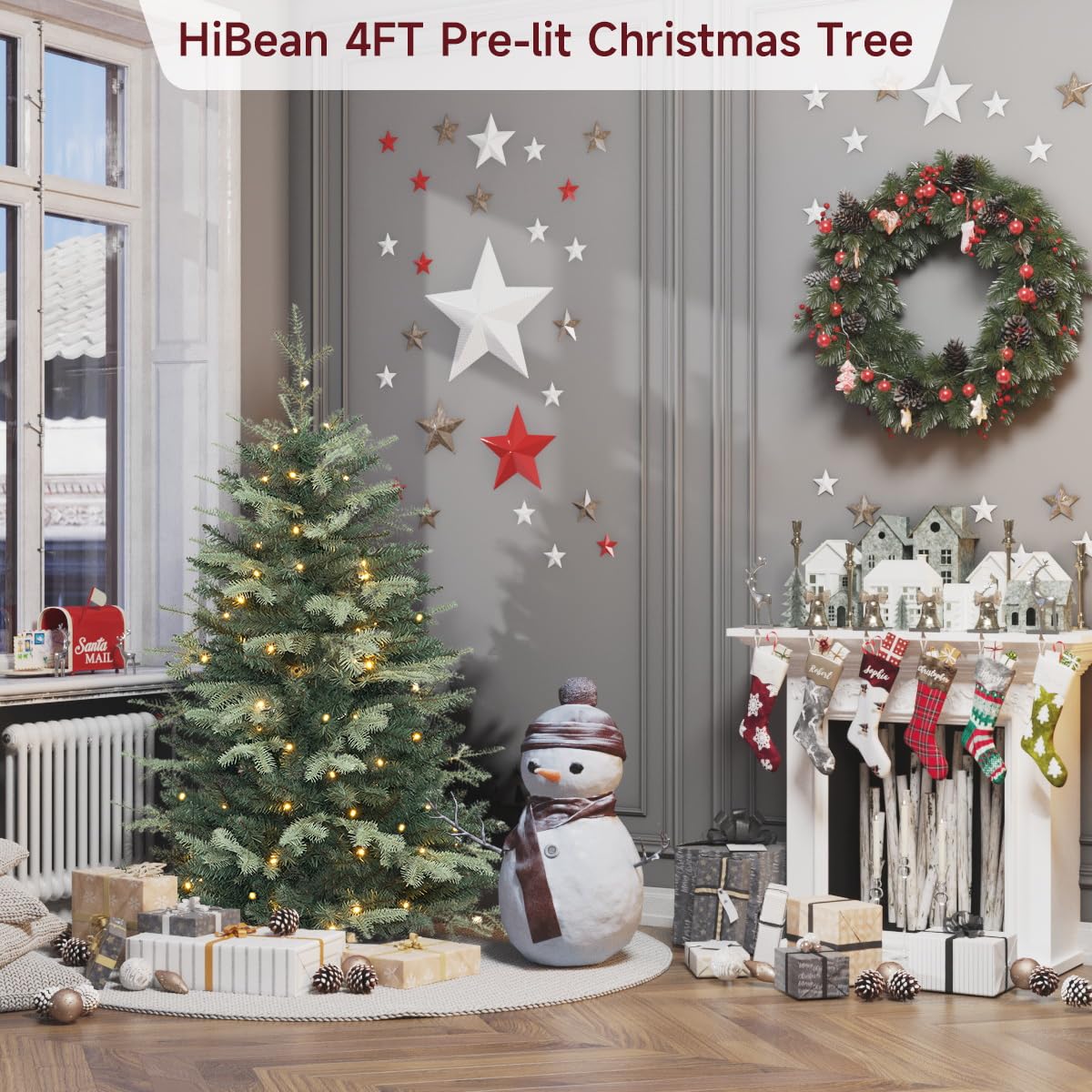 HiBean Mini sapin de Noël artificiel pré-éclairé | Comprend de petites lumières et une base de sac en tissu | pour table ou bureau | Toile de jute - 1,2 m