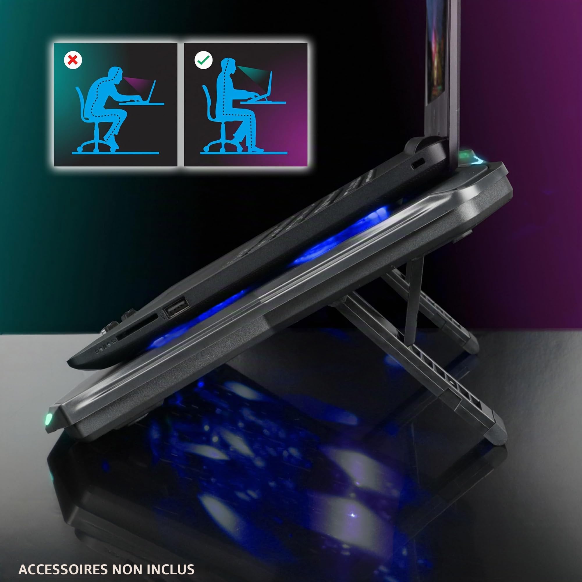 ENHANCE Infiltrate 3 Support de Refroidissement pour Ordinateur Portable avec Lumières RVB - Support de Jeu avec 8 Ventilateurs Ultra-Silencieux, 7-Angles Réglables, Double Hub USB, Métal
