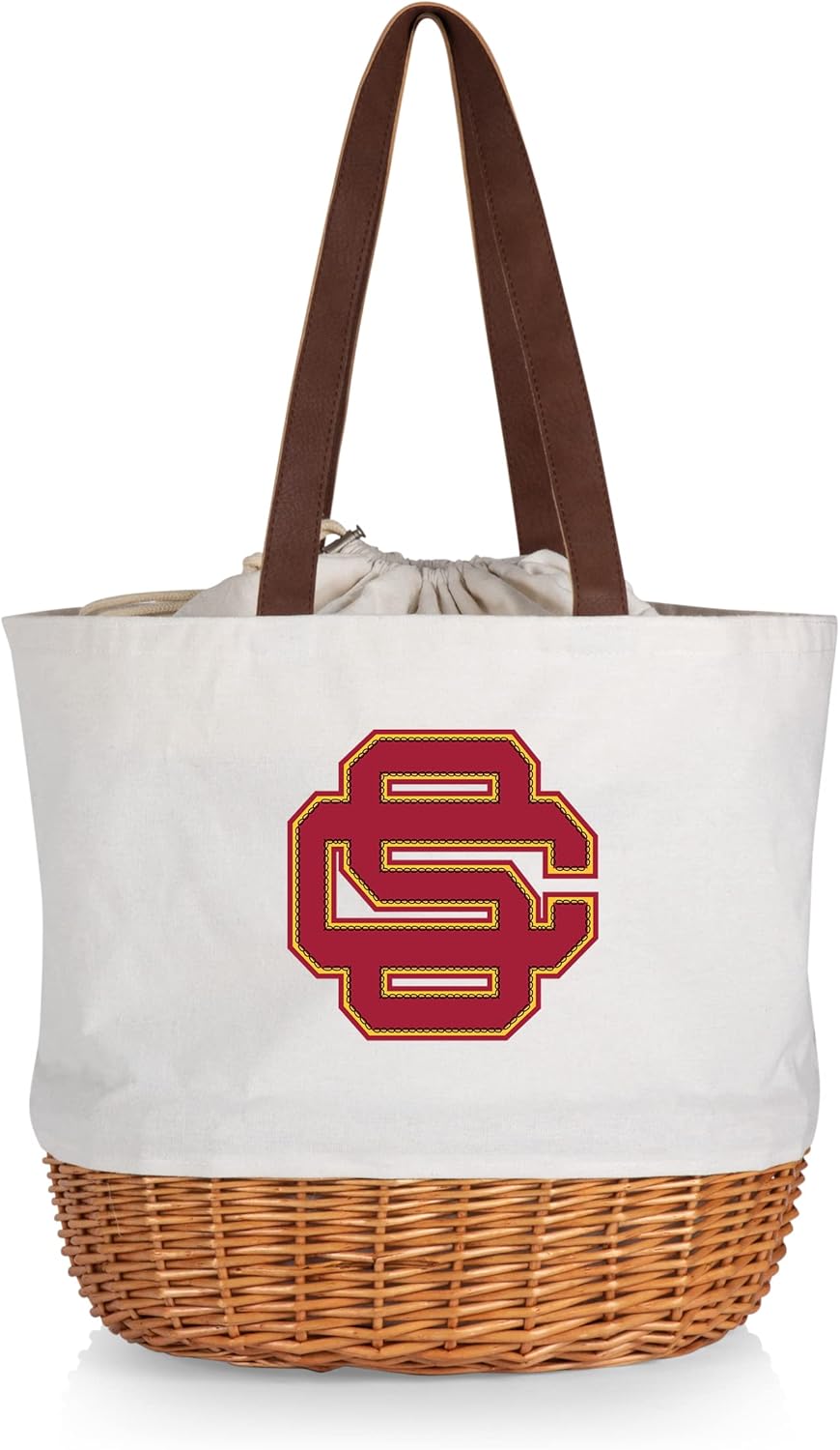 PICNIC TIME NCAA USC Trojans Alternate Coronado Canvas and Willow Basket Tote, Picnic Tote Bag, Beach Tote, (Beige Canvas)