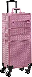 Estojo de trem com rodinhas 4 em 1 portátil para maquiagem organizador de cosméticos profissional estojo de viagem Trolley Cart Trunk, rosa, Central Hardside Mala expansível com rodas giratórias