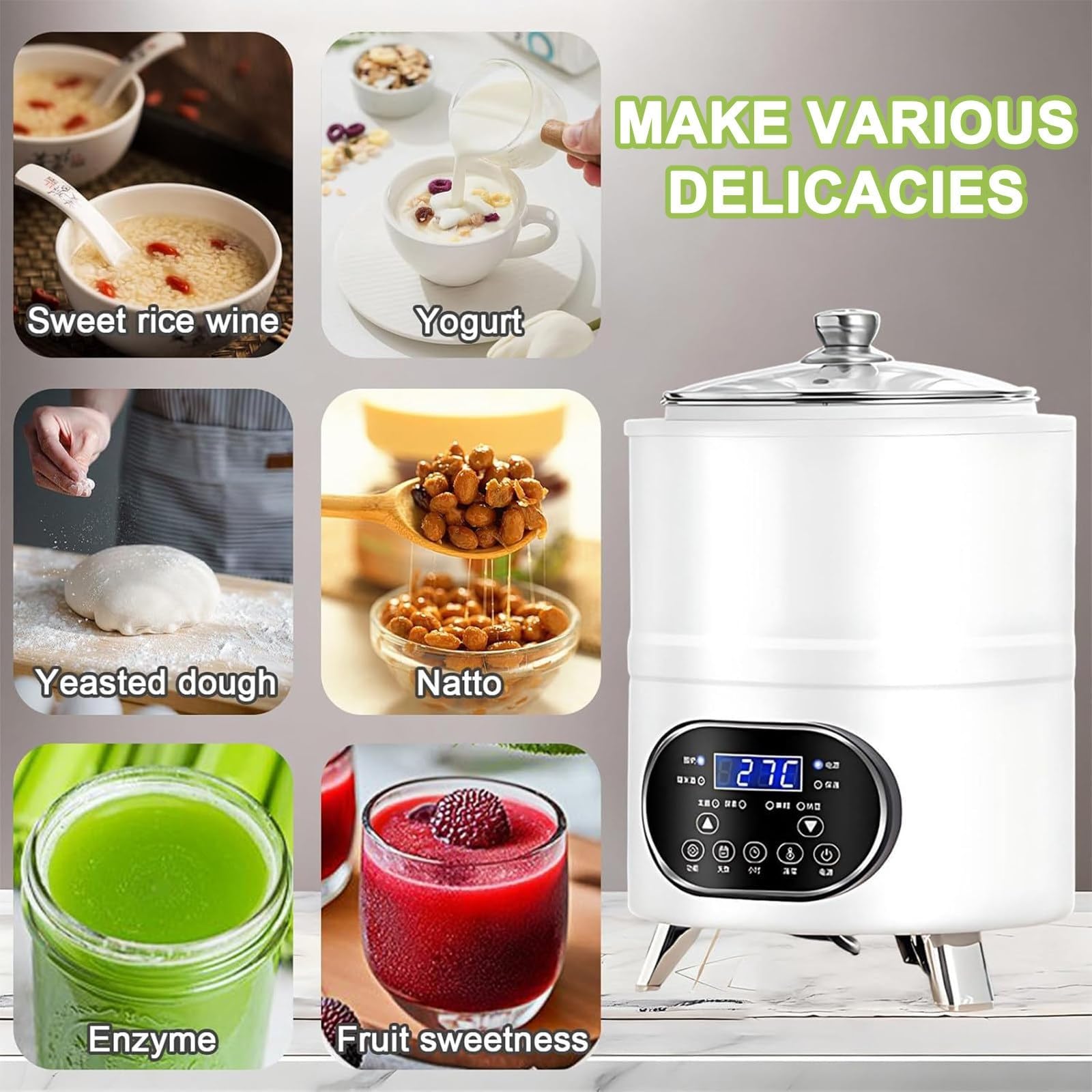 Macchina Per Fermentazione Yogurt Con Display LCD – 8L/12L, 400W/600W, Riscaldamento Uniforme 360°, Controllo Preciso Di Tempo E Temperatura, Design Smontabile, Per Uso Domestico(White,12L)