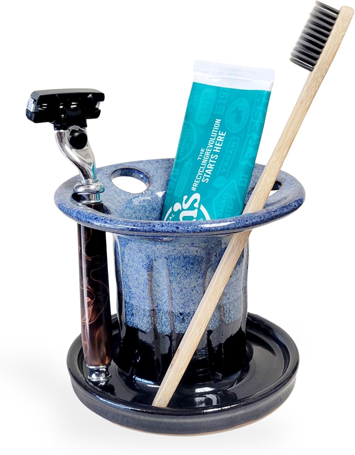 Easy Clean Ceramic Toothbrush Holder for Large Family Kids Bathrooms - Rustic Farmhouse Style Countertop Organizer (Blue & Black)