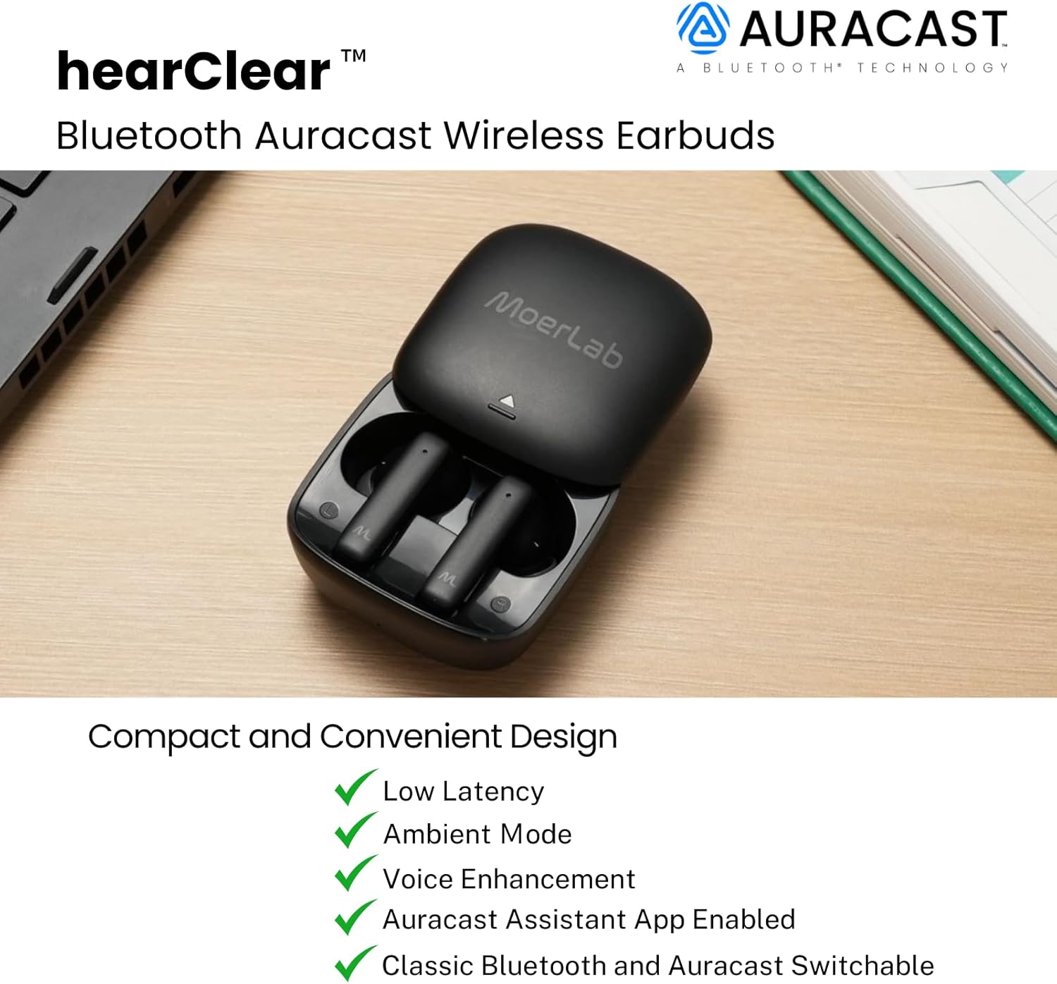 hearClear Bluetooth Auracast Wireless Earbuds – Auracast Broadcast & Bluetooth Dual Mode Earbuds with LE Audio, Lightweight Comfort & Clear Voice Listening for Shared & Personal Use