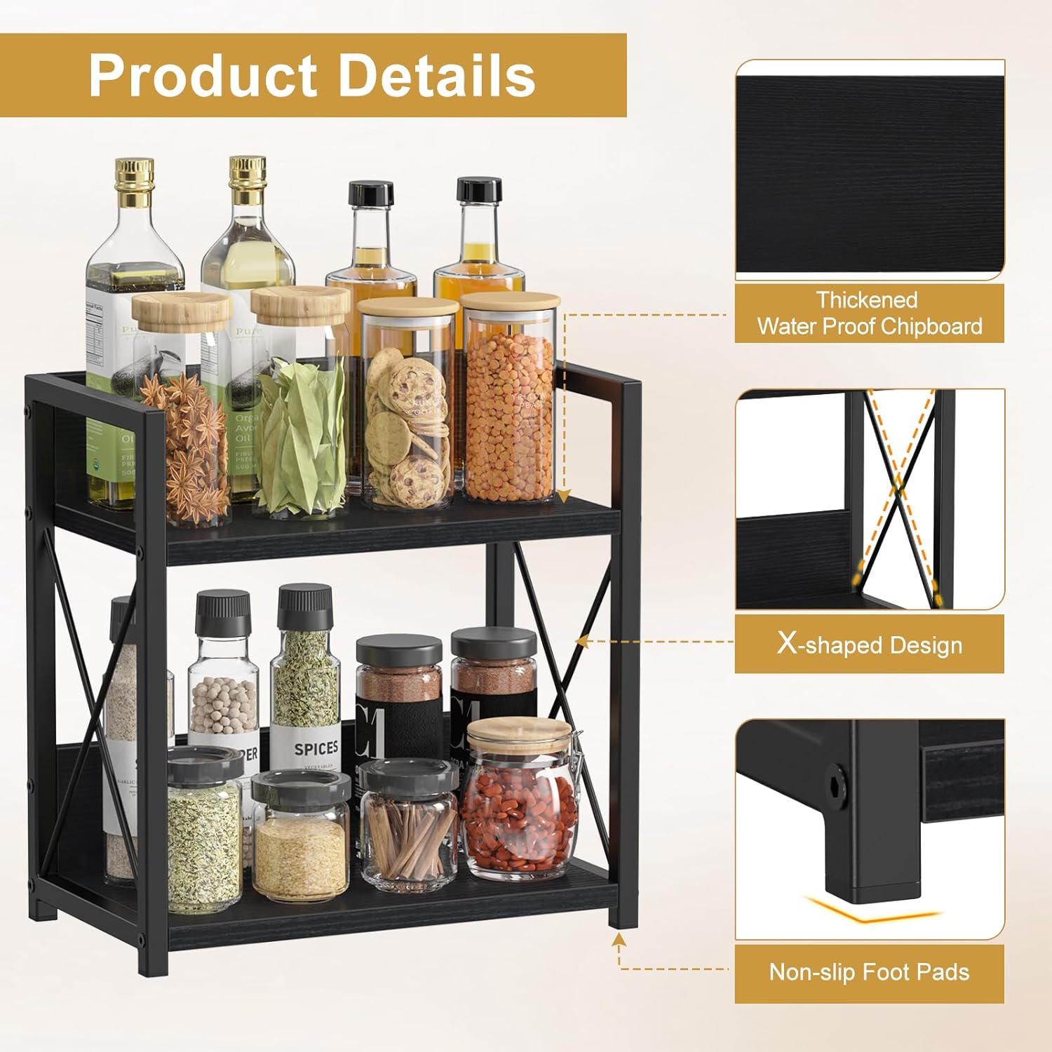Giikin Countertop Organizer, 2 Tier Coffee Station Organizer for Desktop, Wood Counter Shelf Spice Rack for Kitchen (Black, M)