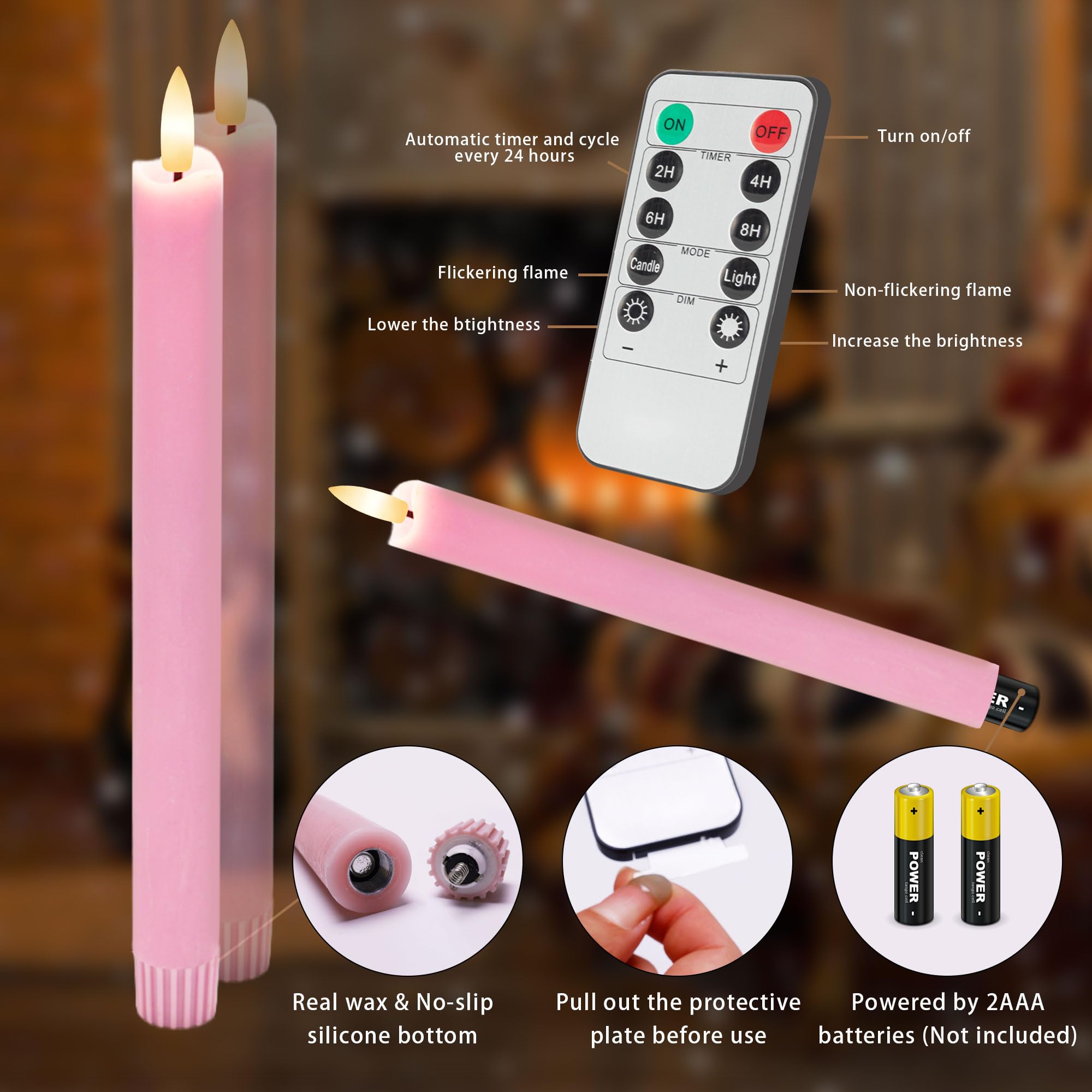 Wondise Pink Flameless Taper Candles With Remote & Timer – Real Wax, 3D Wick, Flickering LED For Parties & Romance