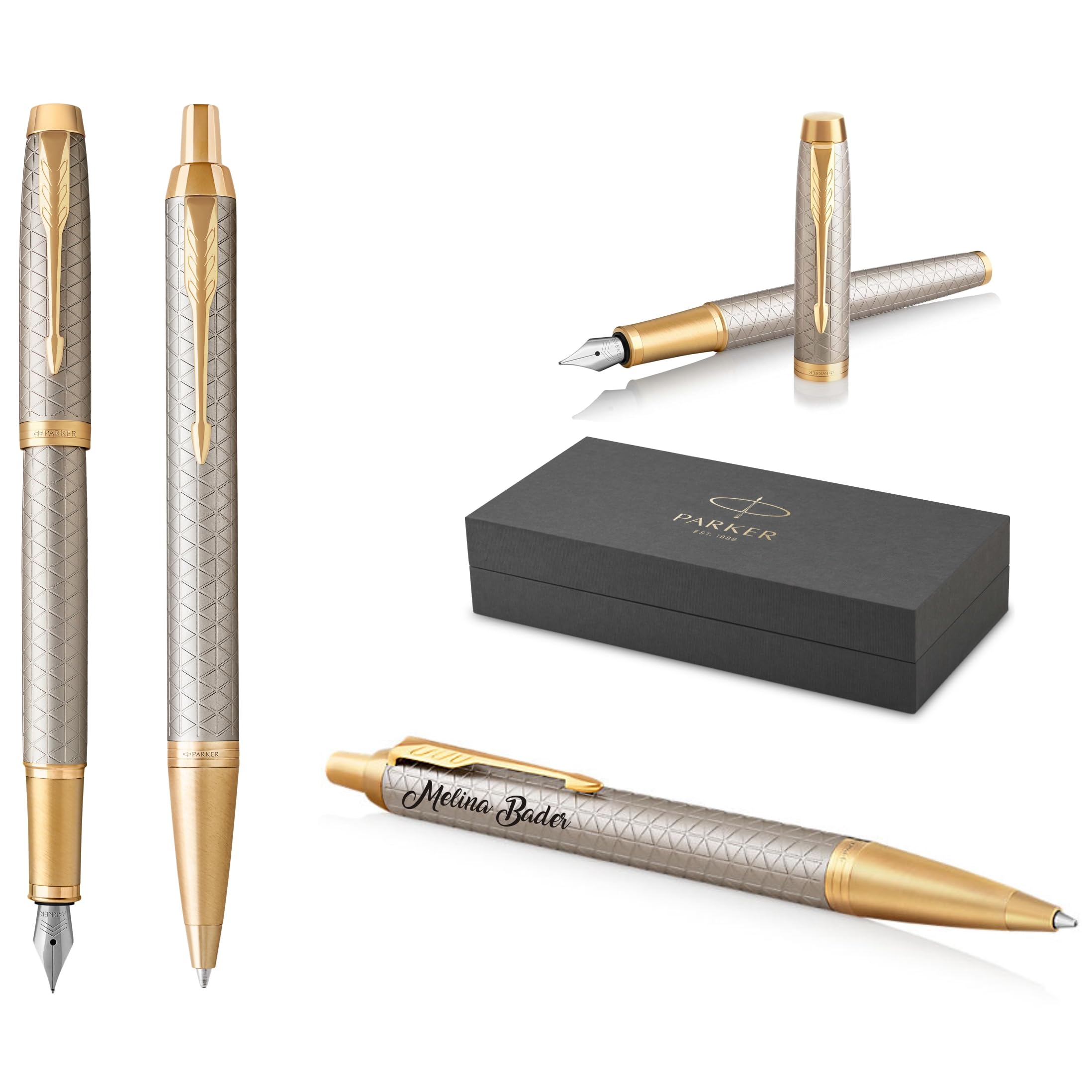 PARKER IM Premium Pluma estilográfica y bolígrafo con grabado | Bolígrafo premium | Caja de regalo | tinta azul | Regalo personalizado | Aniversario | Cumpleaños (Warm Silver G.C.)