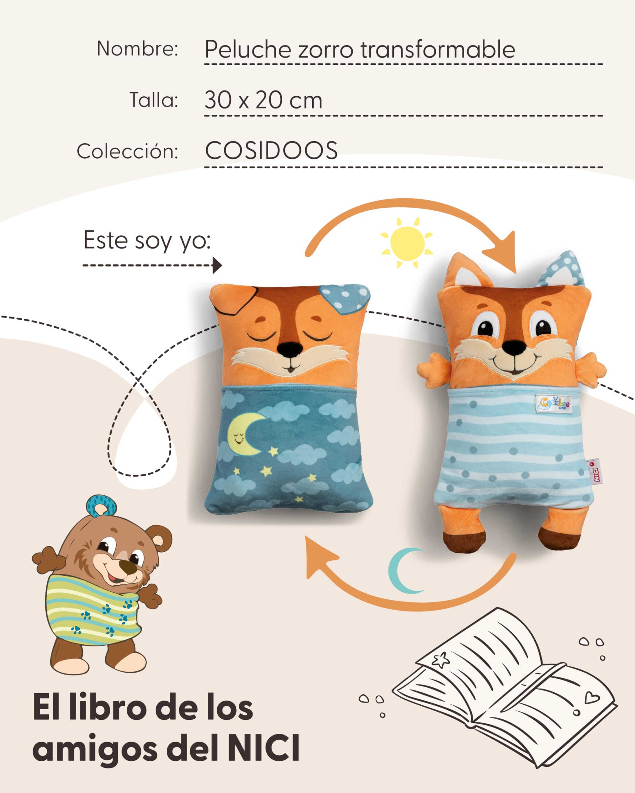 Peluche Reversible NICI Cosidoo – Perro Gris De 30 Cm Que Se Convierte En Compañero De Sueño – Con Bolsillos Para Tesoros