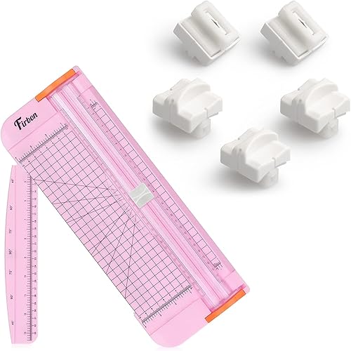 Firbon Paquete de cortador de papel rosa A4 con 5 cuchillas de repuesto blancas, recortadora de papel de 12 pulgadas con regla lateral para álbumes