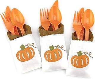 Orange Pumpkin Party Cutlery - 24 Set for Fall Birthday or Baby Shower Supplies