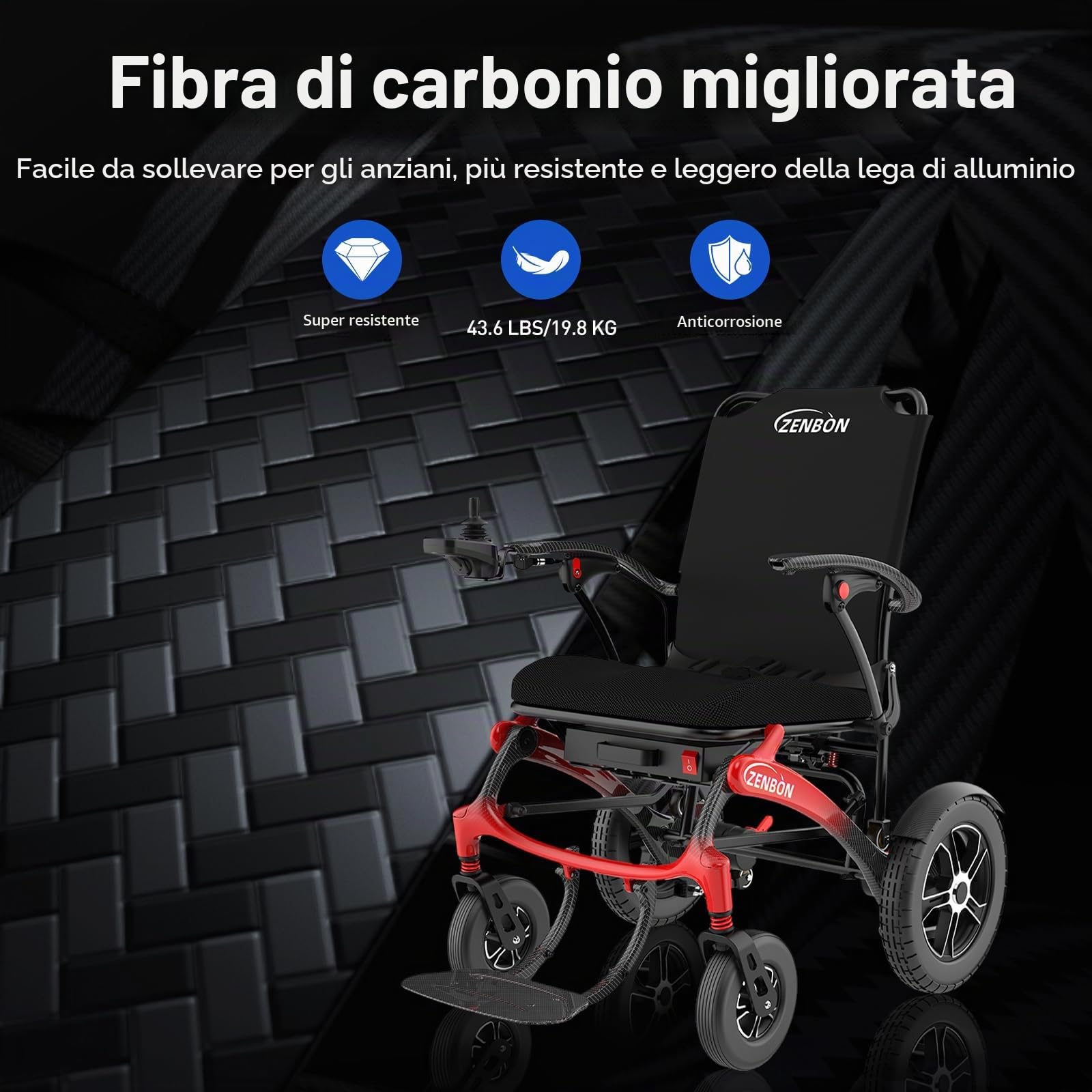 Sedia a rotelle elettrica in carbonio, pieghevole, 19,8 kg: Facile da ripiegare, con pneumatici grandi da 30 cm, per tutti i terreni, sedie a rotelle elettriche fino a 150 kg (rosso nero)