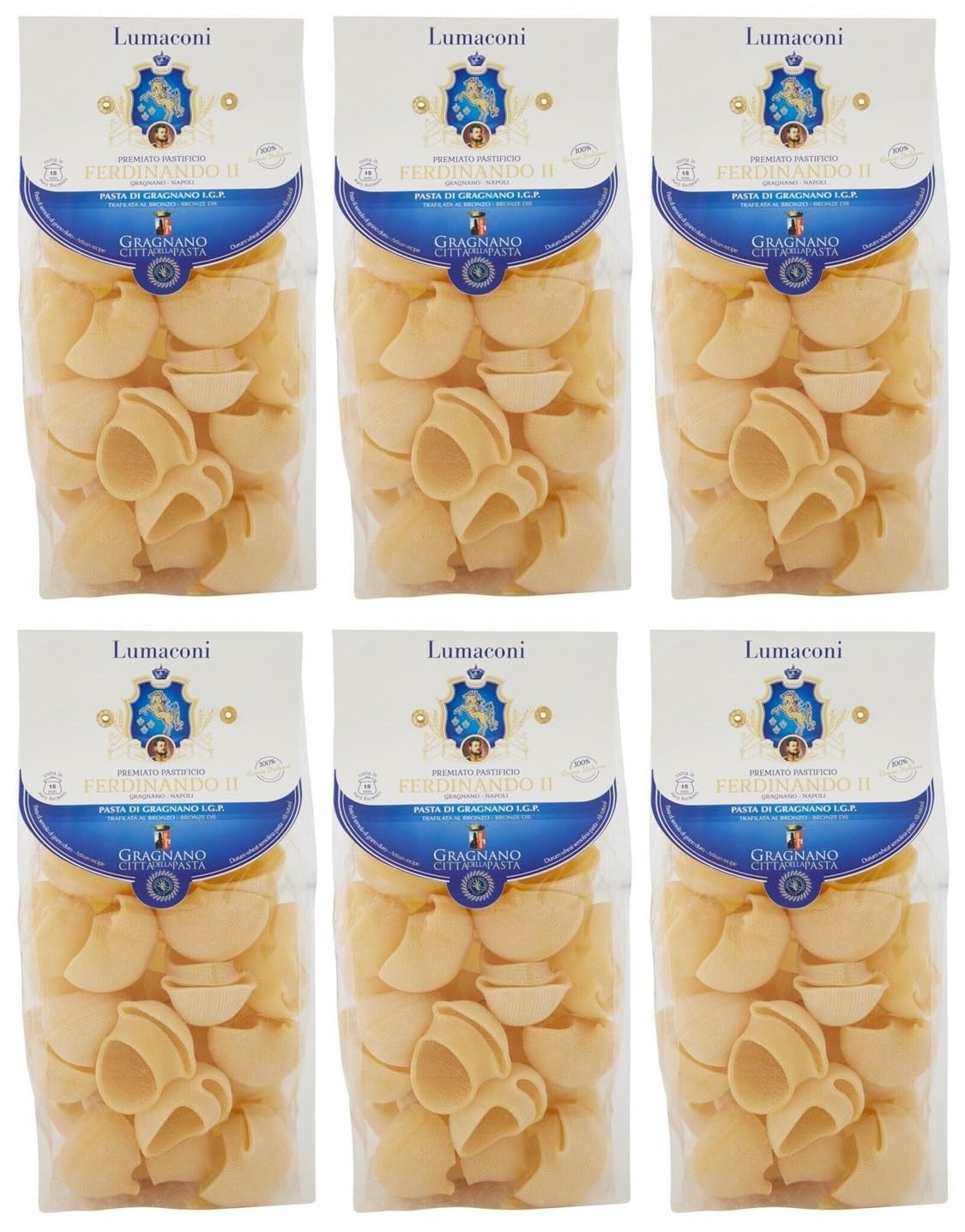 Pastificio Ferdinando II Lumaconi Pasta di Gragnano I.G.P. Lot de 6 pâtes à la semoule de blé dur, 500 g
