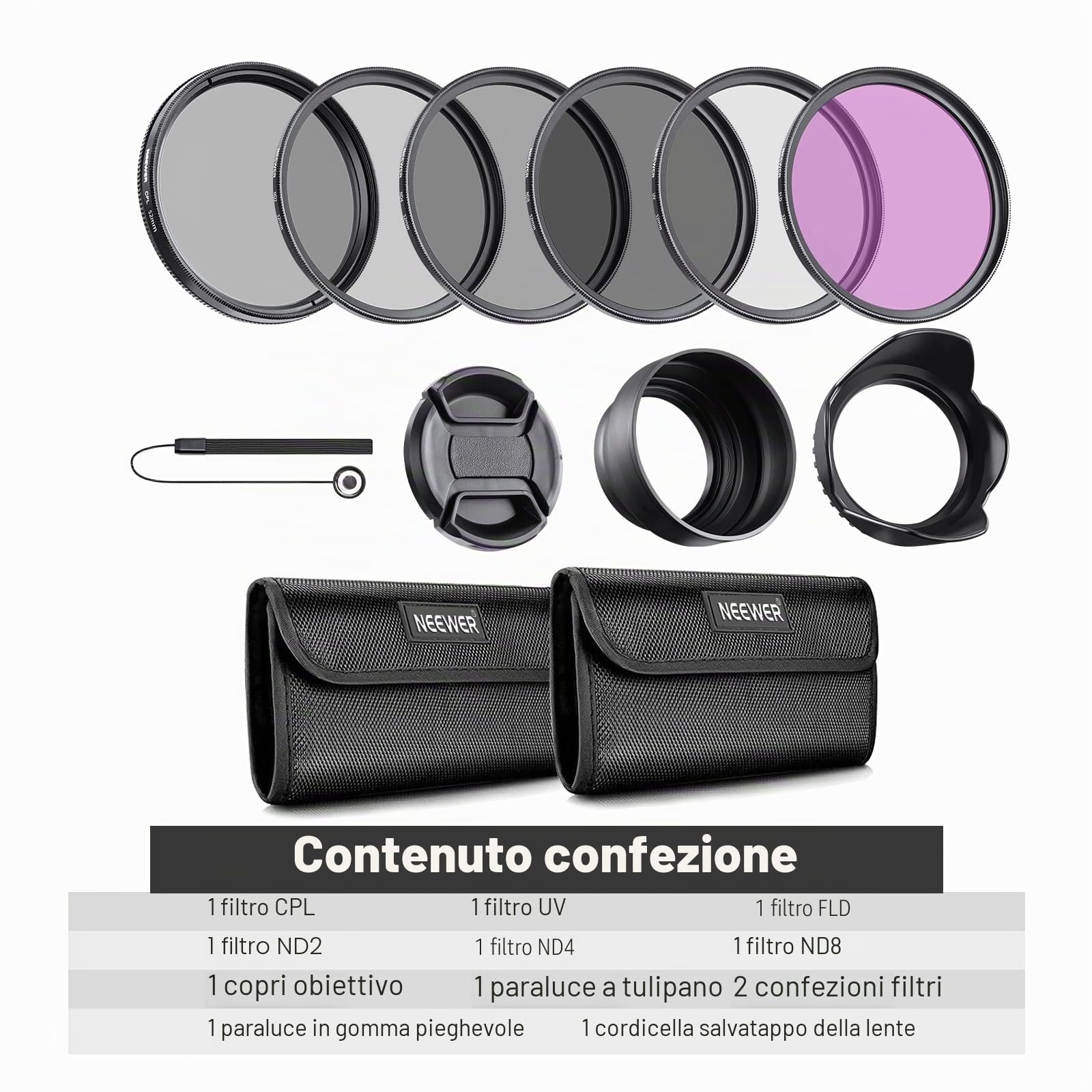 NEEWER Kit di Filtro per Obiettivo da 52mm: UV, CPL, FLD, ND2, ND4, ND8, Paraluce e Copriobiettivo Compatibile con Canon Nikon Sony Panasonic Fotocamere DSLR con Obiettivo da 52mm