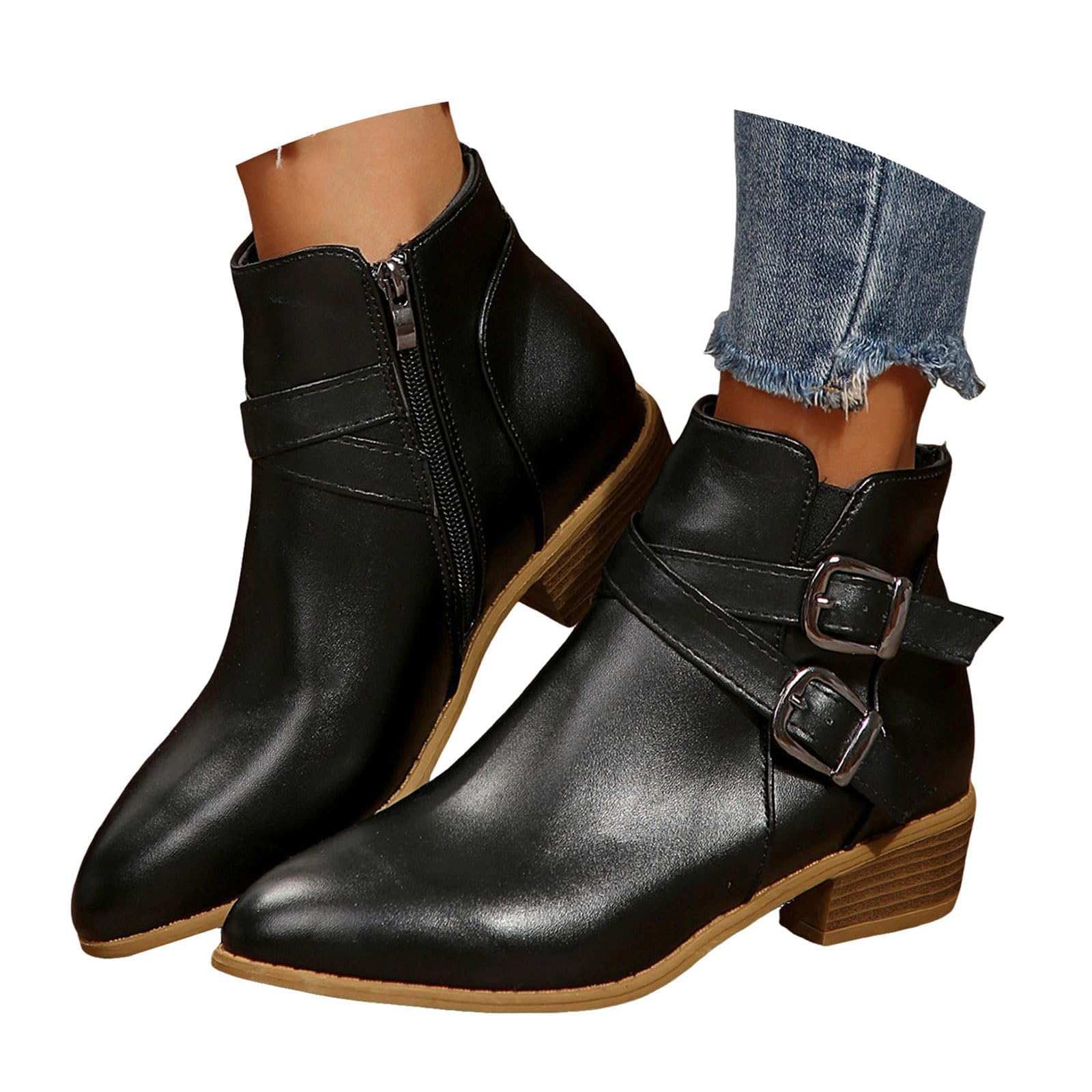 Womens Ankle Boots Chunky Low Heel Vintage Casual Short Booties with Side Zipper Western Fall Shoes for Women