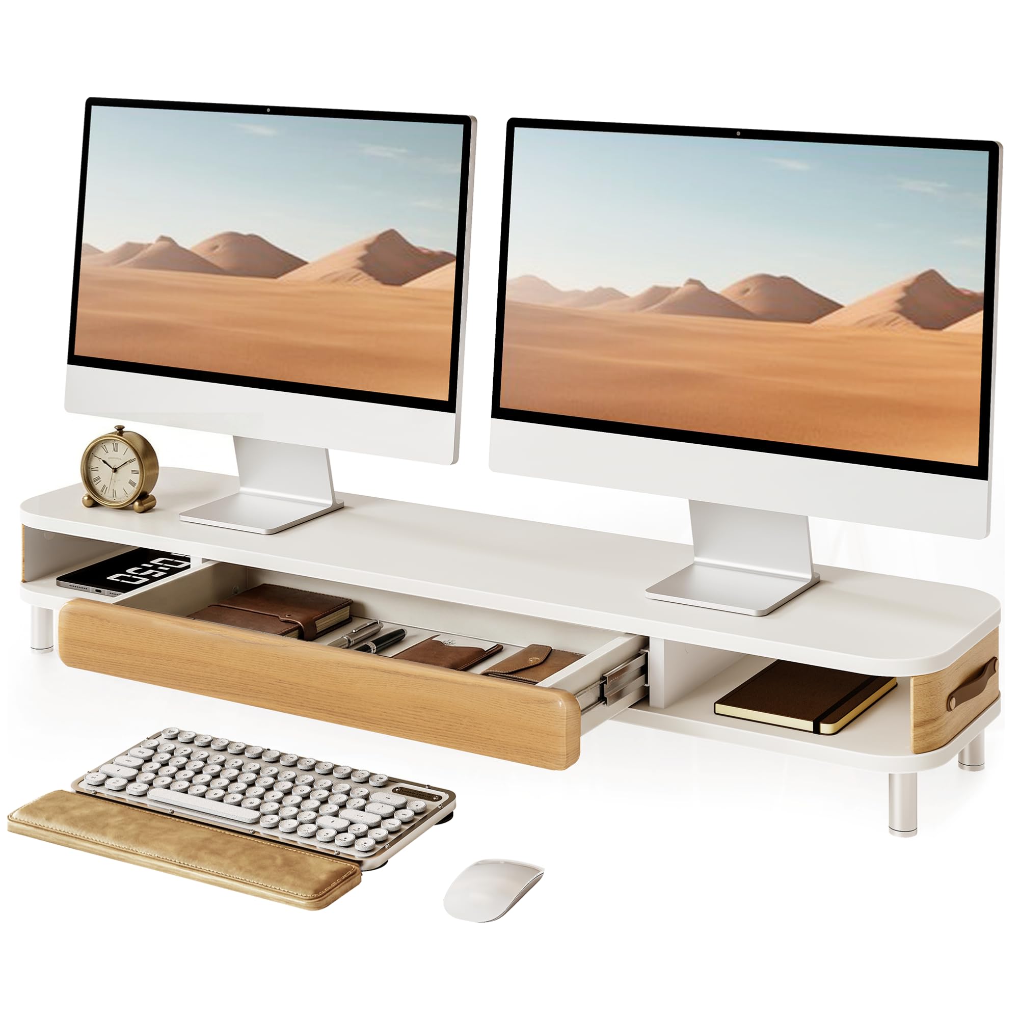Fenge Dual Elevador Monitor con Grande Cajón,108cm Soporte Monitor Escritorio con Asa de Cuero y Portalápices, Elevador Pantalla Ordenador para Impresora/ 2PC/ TV, 108x25x15,7cm, Carga de 35kg, Blanco The Forest Stewardship Council