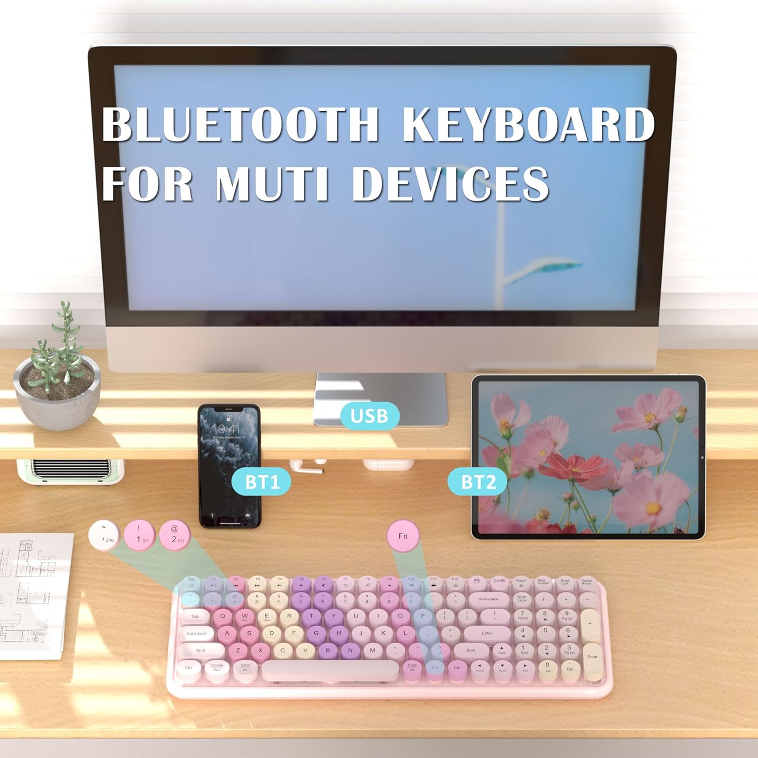 Wireless Bluetooth & 2.4G Dual Mode Keyboard - Connect up to 3 Devices Simultaneously, Portable 100-Key Retro Round Keycaps Keyboard (Rainbow Pink) - Image 3