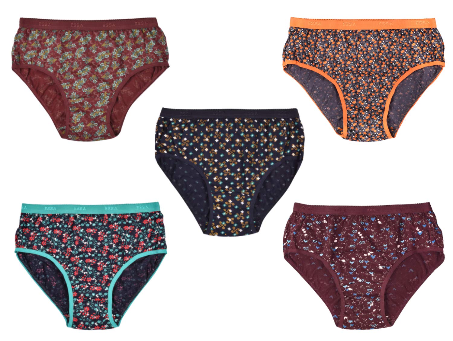 ESSA, Myna Women's Briefs | Full Coverage |100% Cotton, Hosiery, Mid Waist | Outer Elastic Waistband | Breathable, Underwear, Innerwear | Panties | Floral Printed | Multicolor | Pack of 5