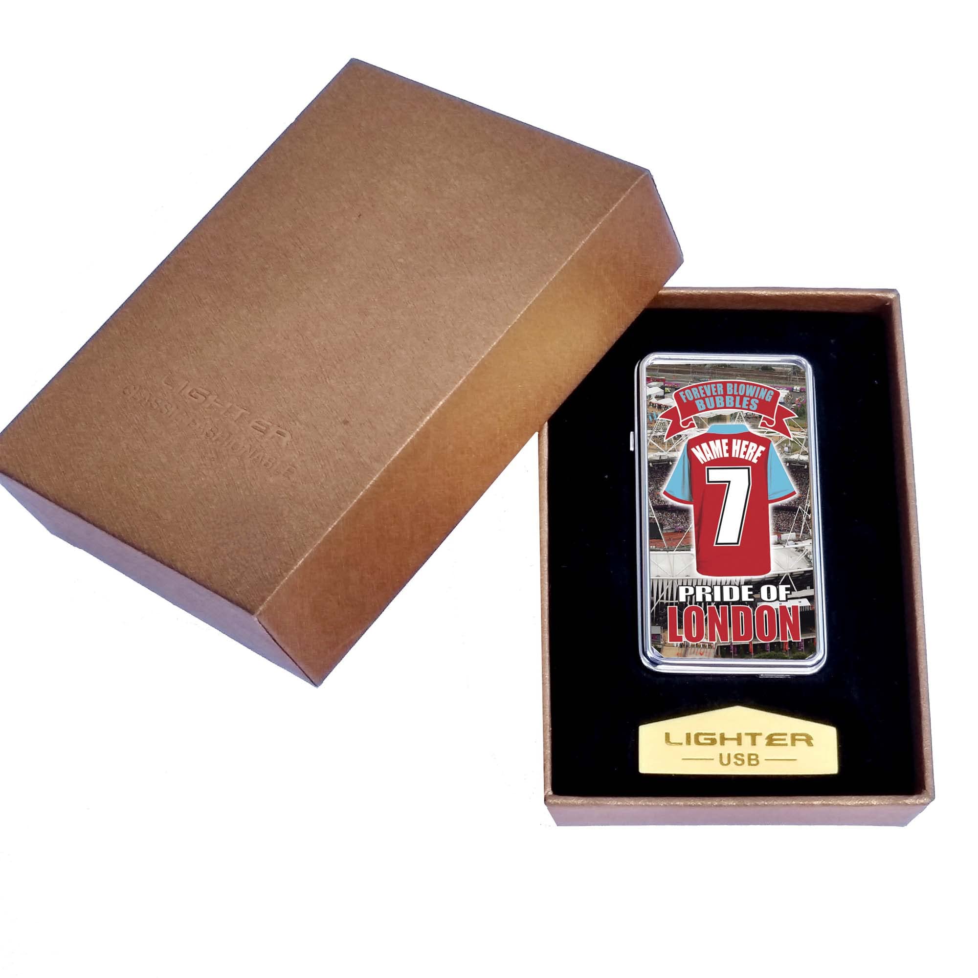 West H Utd Personalised Football Shirt Rechargeable Gift Boxed Silver Metal USB Lighter Team-West-Ham