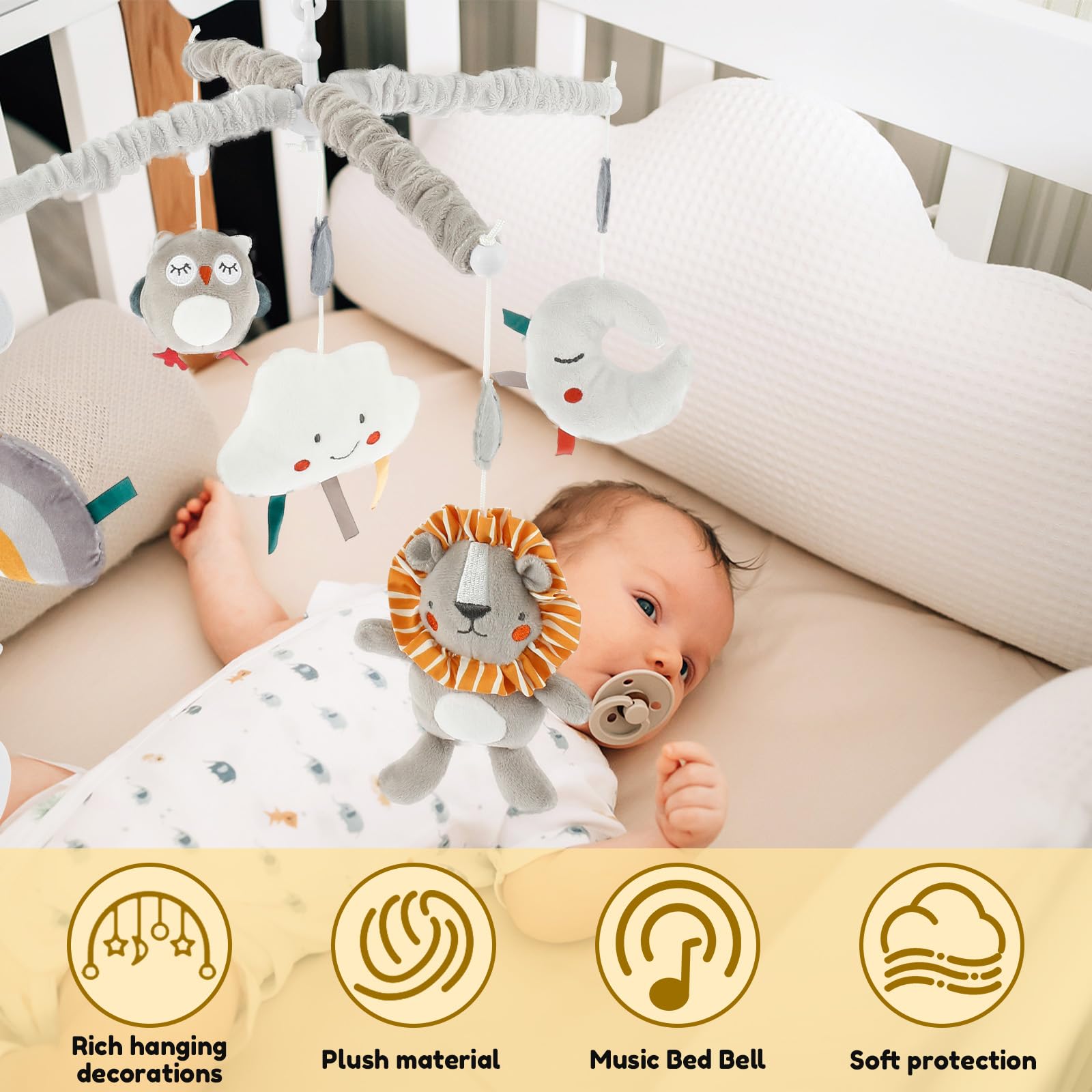 Musical Cot Mobile with Plush Dolls Clip On Baby Crib Mobile with Soft Cover Cute Hanging Crib Toys Montessori Infant Toy Attractive Baby Nursery Mobiles Decor Gift for Newborn 0-12 Months - Image 4