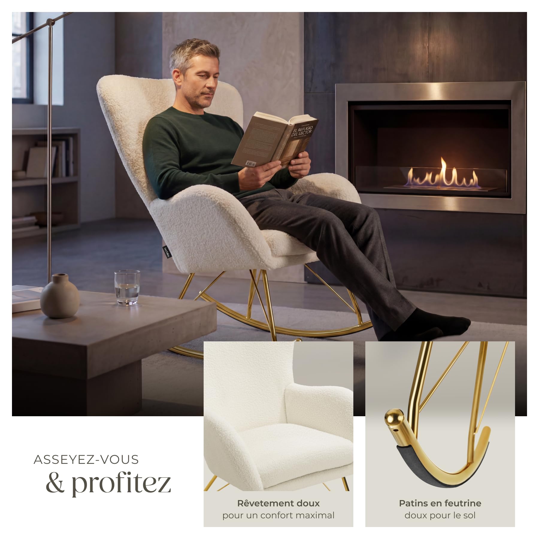 tectake® Rocking Chair Fauteuil à Bascule rembourée avec Accoudoirs Bouclette Cadre en Acier Fauteuil Salon Veranda, Chaise Ergonomique idéal Détente, Allaitement