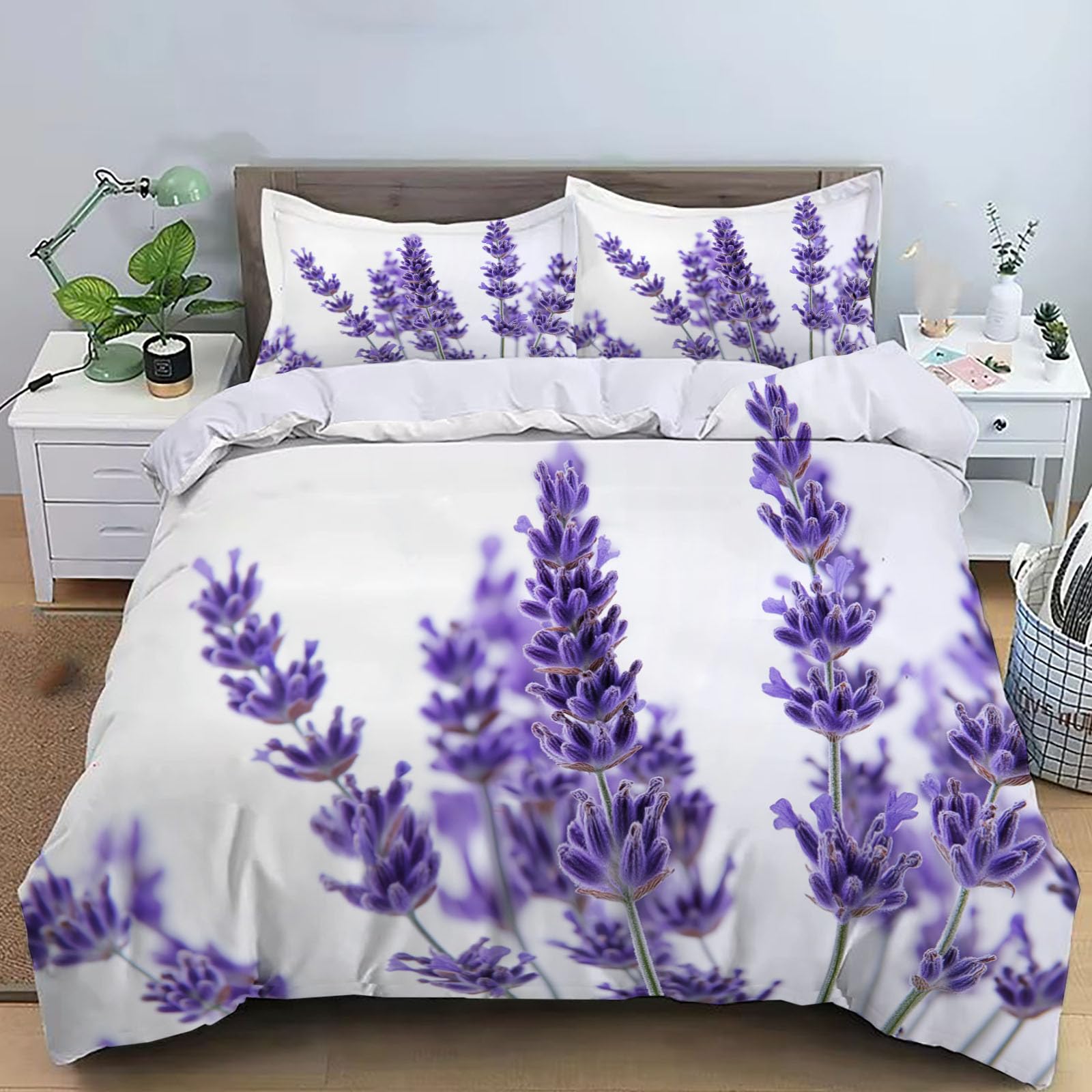 Housse de couette lavande 3D blanche pour une décoration de chambre naturelle