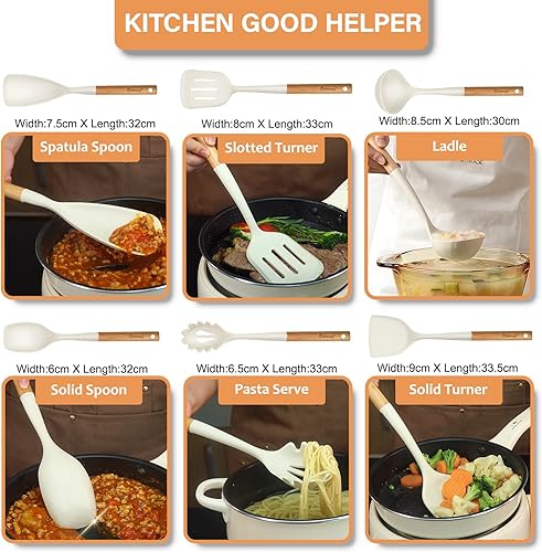 Miniatura 9 de Juego de utensilios de cocina de silicona grande con soporte, juego de utensilios de cocina de 25 piezas con mango de madera, juegos de espátulas