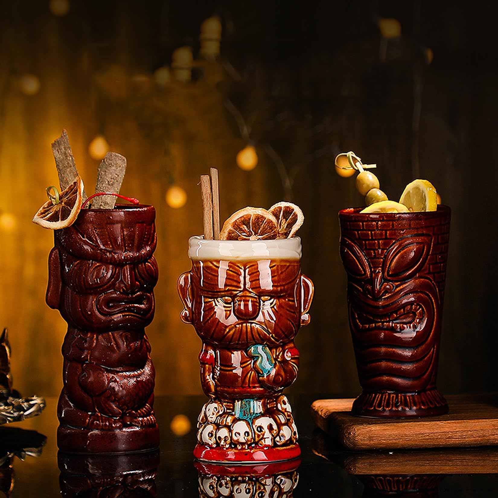 Tiki bar Tiki Bicchieri per cocktail Tiki Tiki Tiki Set di 4 simpatici bicchieri da cocktail esotici, Tiki Bar Professional Hawaiian Party Barware, 5