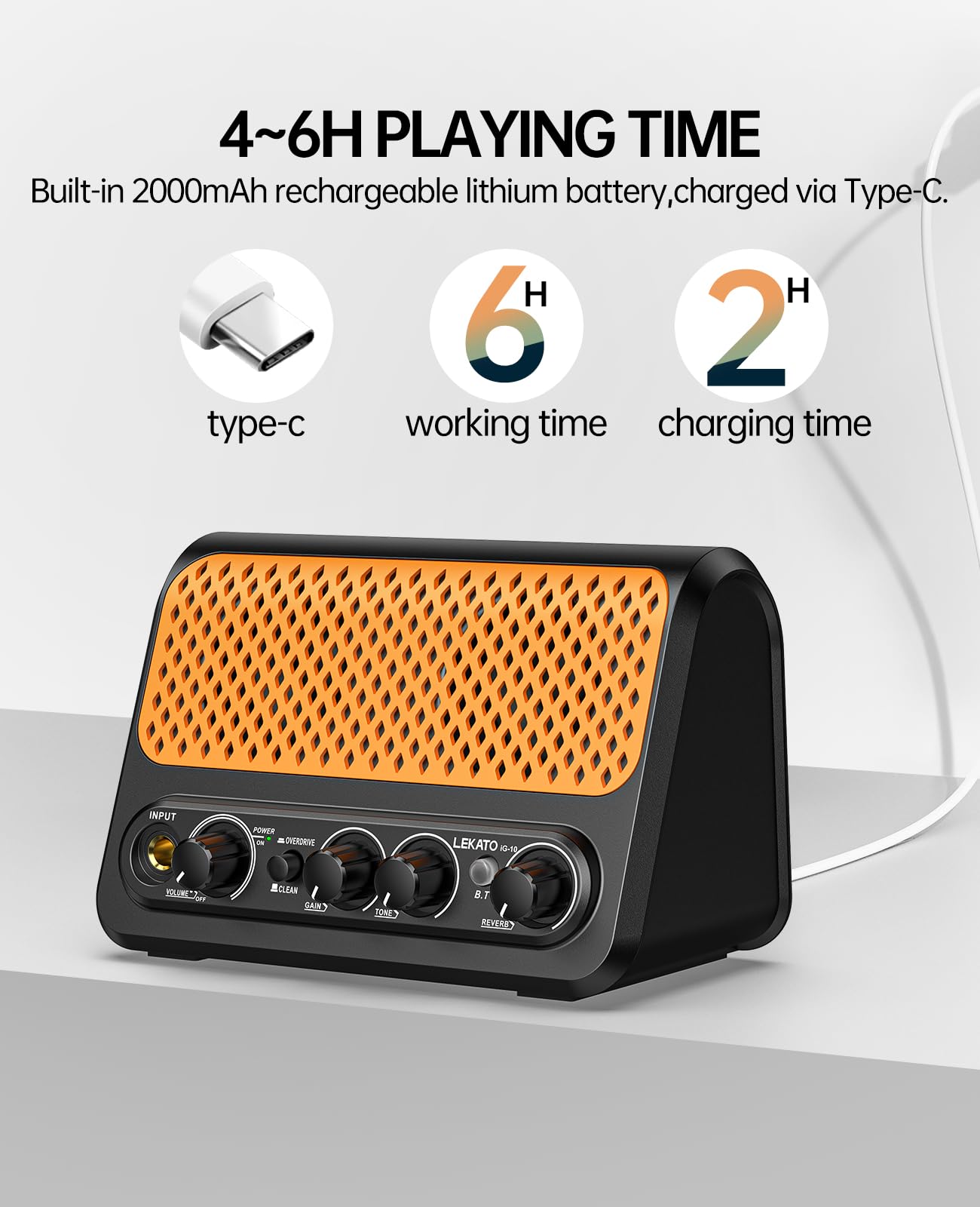 LEKATO Mini amplificateur de Guitare électrique Portable 10 W avec Canal Clean & Overdrive, réverbération et connectivité Bluetooth (Noir-Orange)