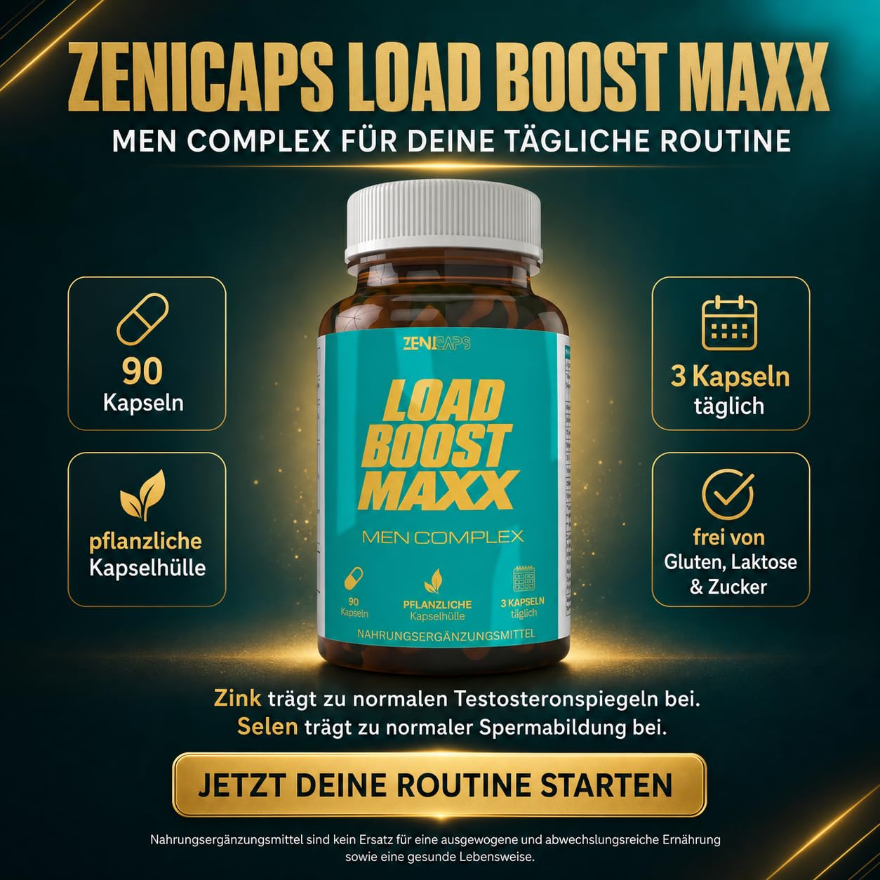 Load Boost Maxx Men Complex Kapseln – mit L-Arginin, Maca, Tribulus, Ashwagandha, Ginseng, Zink, Selen, Magnesium, B6 & B12 – 90 vegane Kapseln, 3 täglich