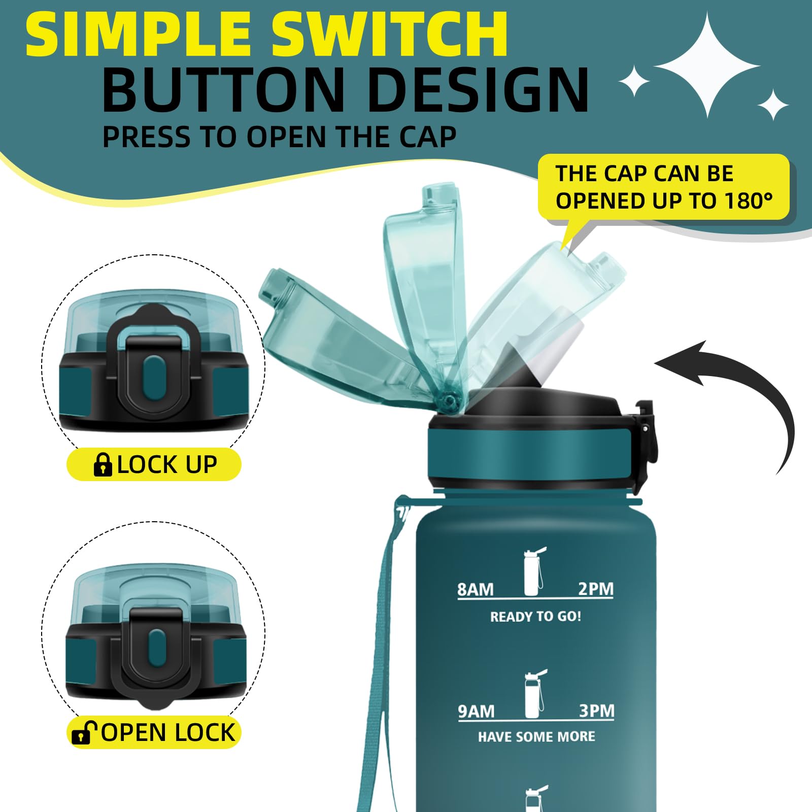 Wasserflasche 1l, Auslaufsichere Trinkflasche mit Zeitmarkierung und Schnürung, Trinkflasche Sport mit Strohhalm, Flasche mit Sichere Verriegelung für Uni, Arbeit, Fitness, Büro, Outdoor - 5