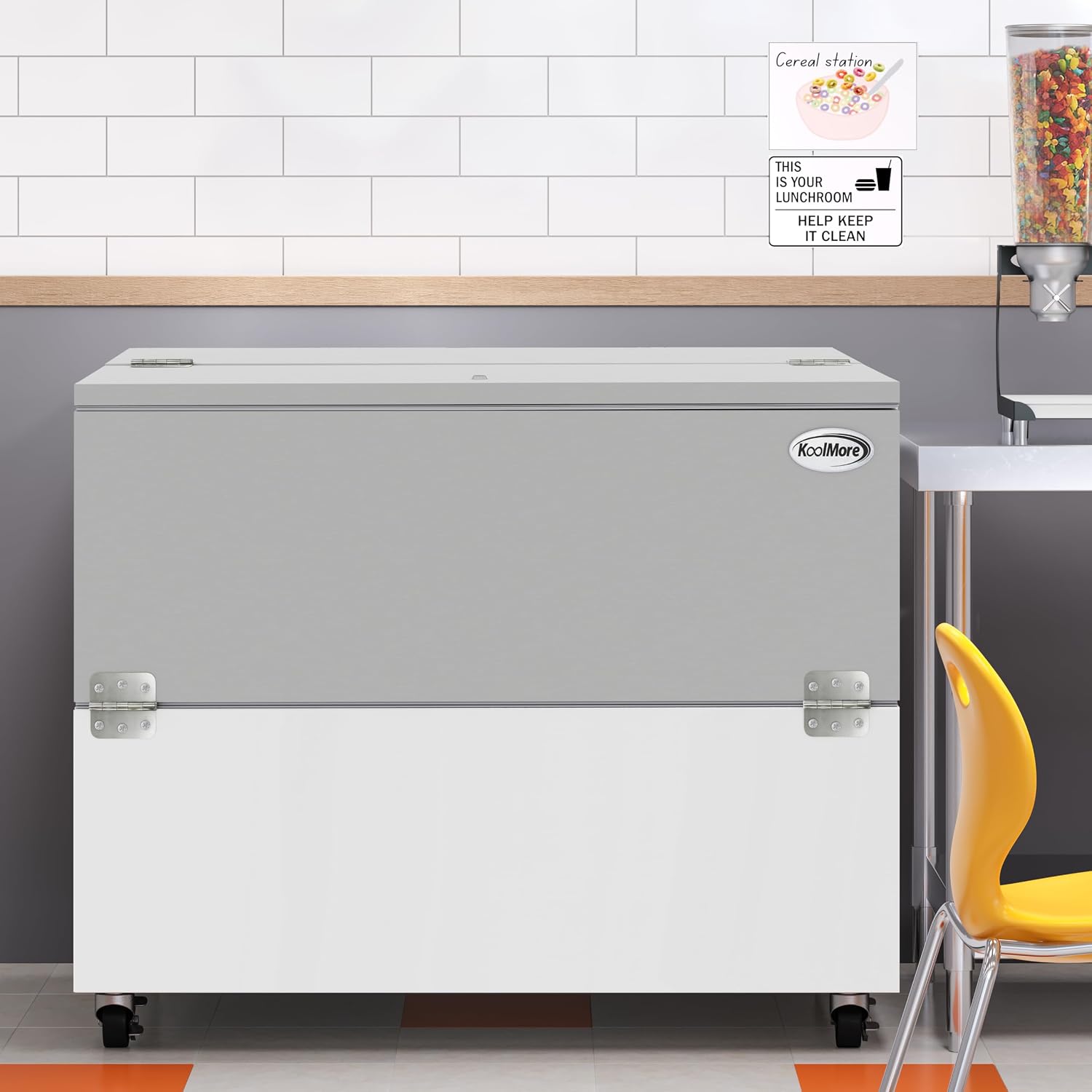 KoolMore 49 in. Commercial Milk Cooler Refrigerator for School and Cafeteria, 12-Crate Capacity with Heavy Duty Casters in Stainless Steel and White, ETL Listed