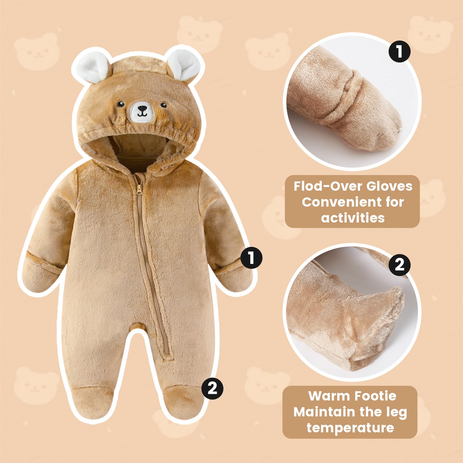 WYTbaby Combinaison de neige en polaire chaude pour bébé - Grenouillère à capuche pour nouveau-né garçons et filles de 0 à 12 mois