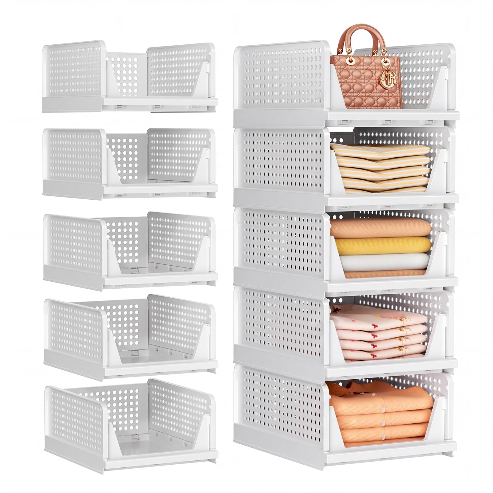 SNSLXH 5 Piezas Organizadores de Armario Apilables y Plegables, Cajones de Plástico Multiuso para Ropa, Cestas de Almacenaje para Dormitorio, Cocina, Baño y Lavandería en Blanco.
