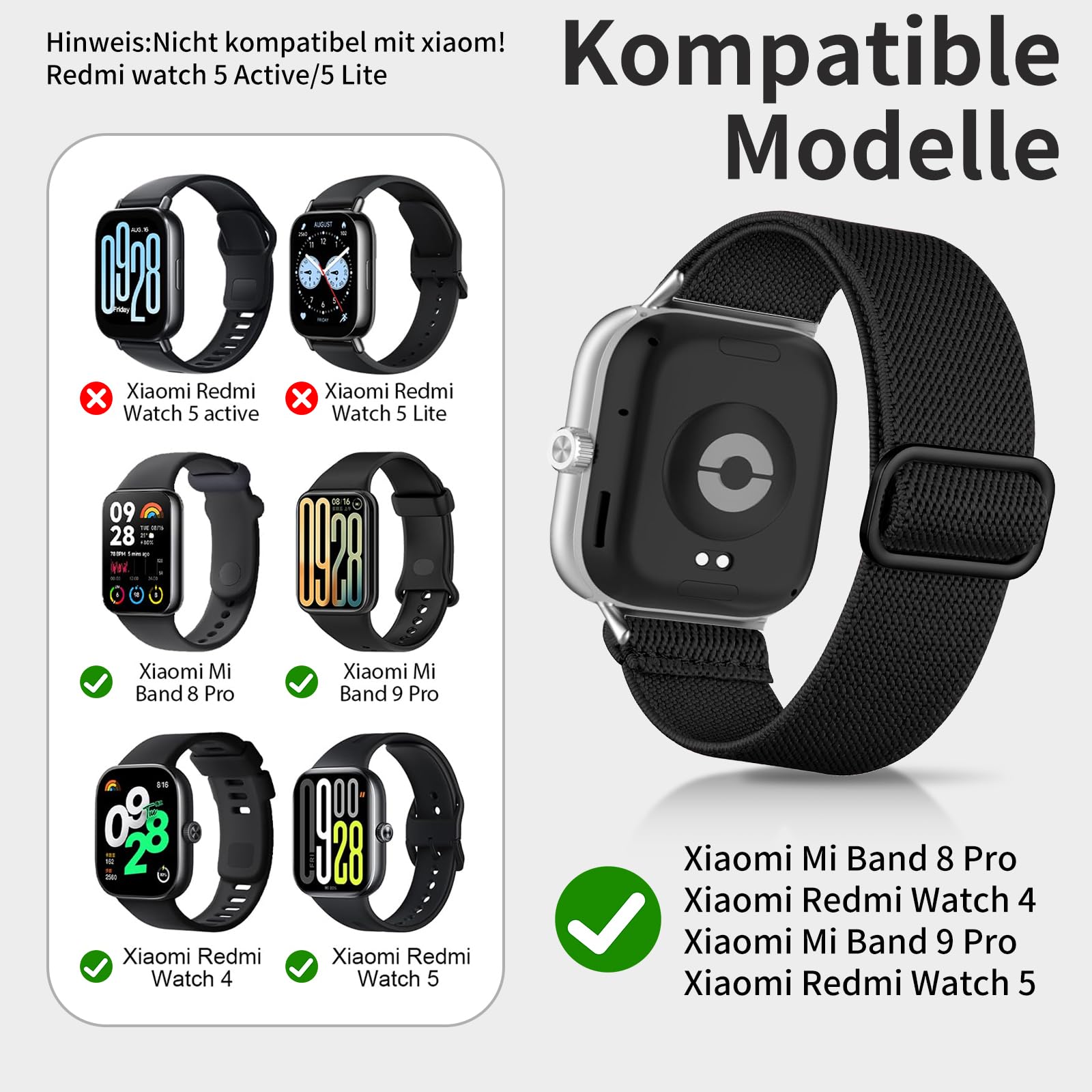 chinbersky 3 elastyczne nylonowe paski kompatybilne z Xiaomi Smart Band 9 Pro / 8 Pro, materiałowy, regulowany, rozciągliwy, sportowy pasek do Xiaomi Redmi Watch 5/Watch 4, dla mężczyzn i kobiet