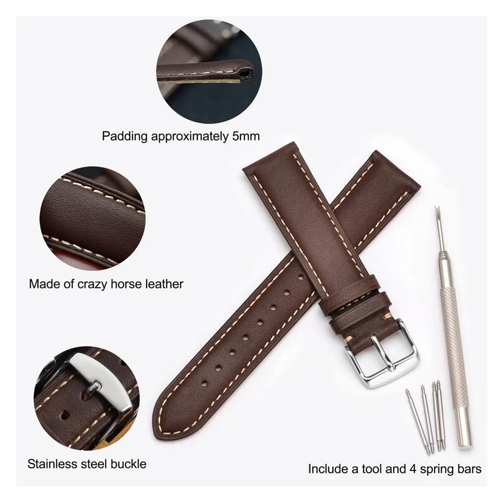 SiChouwz Bracelet De Montre En Cuir Véritable 14mm 16mm 18mm 19mm 20mm 21mm 22mm 23mm 24mm, Bandes De Remplacement For Hommes Et Femmes