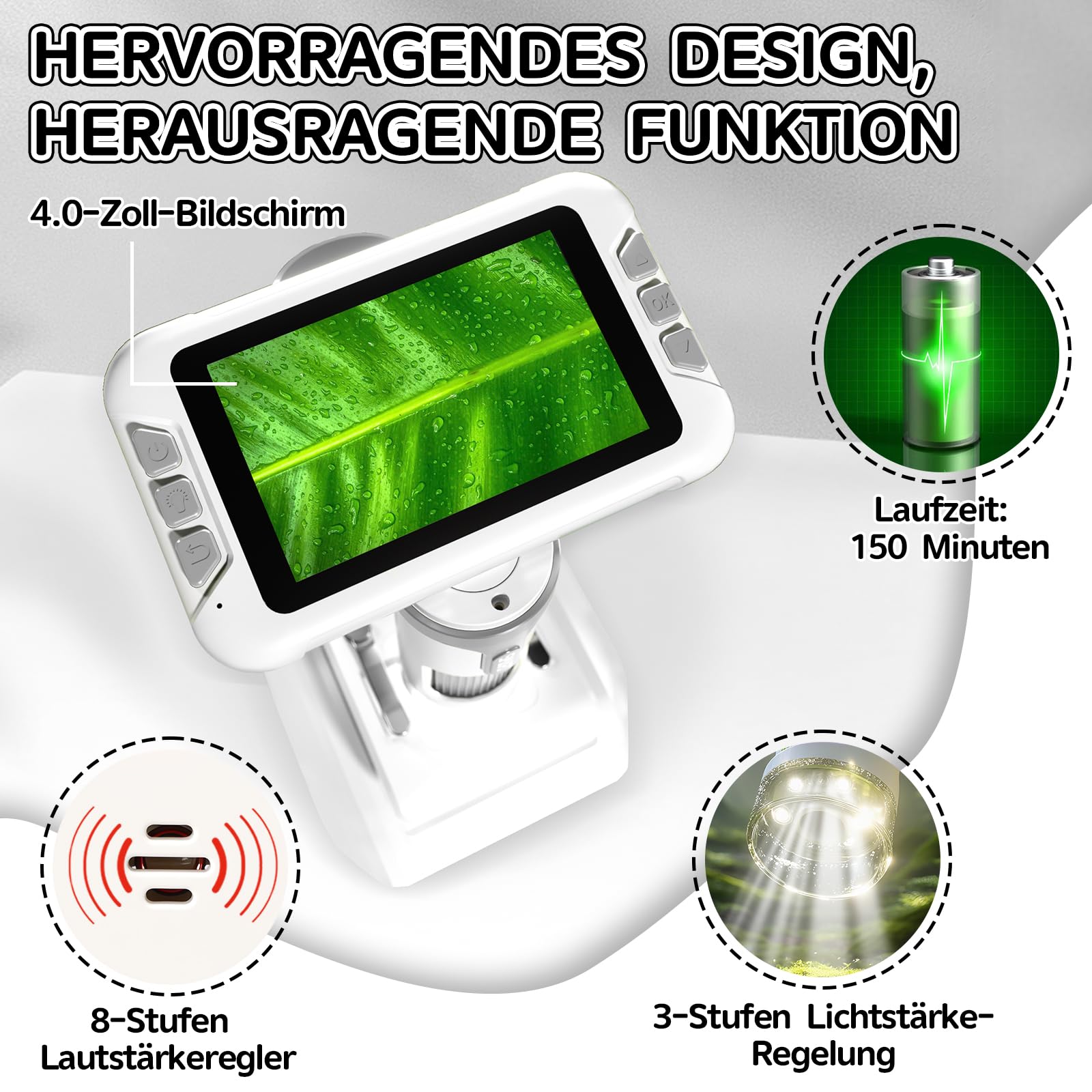 Charmofun Mikroskop für Kinder, Digitales Mikroskop mit 64GB Speicherkarte, Microscope for Kids mit 4 Zoll LCD-Display und 1600X Große Vergrößerung, Foto- und Videoaufnahme, Hand-und Stativfunktion