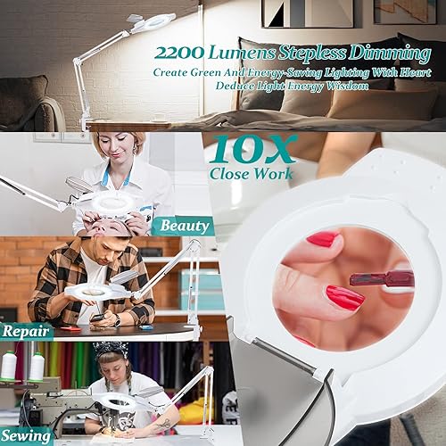Miniatura 6 de Lupa de 10 aumentos con luz, 2200 lúmenes sin escalones regulables con luz, lente de vidrio real de 4 pulgadas, lupa iluminada con brazo oscilante